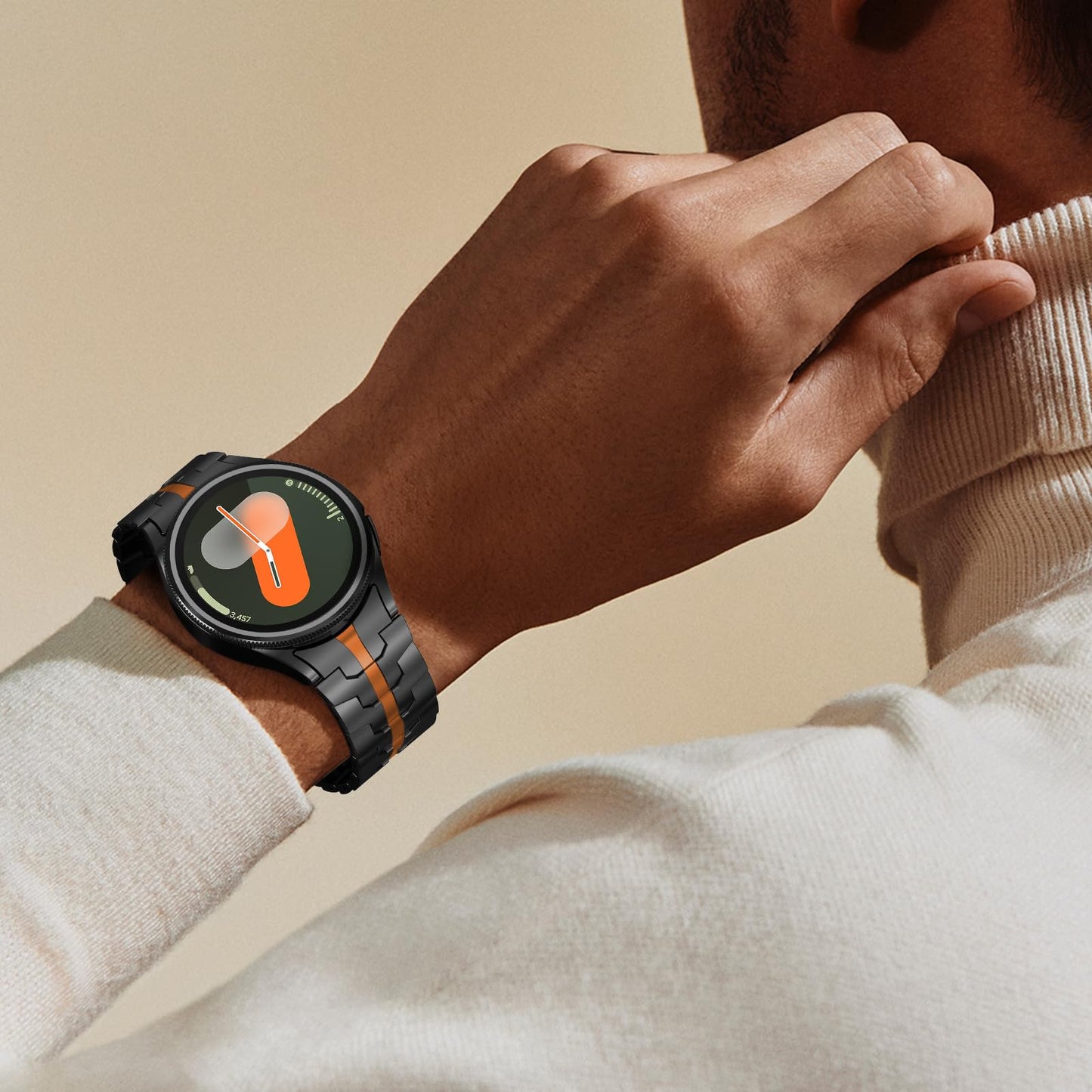WINGLE Metal Bands for Samsung Galaxy Watch 7 6 5 4 Band Galaxy Watch 6 Classic/5 Pro/4 Classic/FE Band Men 47mm 43mm 45mm 44mm 40mm 46mm 42mm, No Gap Solid Stainless Steel Link, Black/Orange