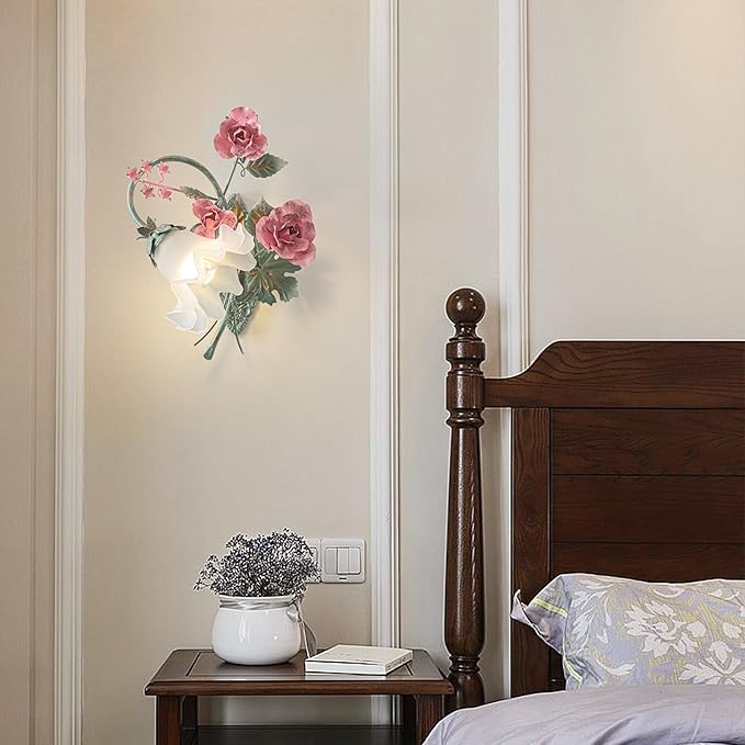 Vintage Floral Wall Sconce,Metal Wall Lamp with Glass Lampshade,Mounted Wall Lights for Bedroom Living Room Corridor Vanity Hallway E26 Wall Art Scones 40 * 40Cm Right