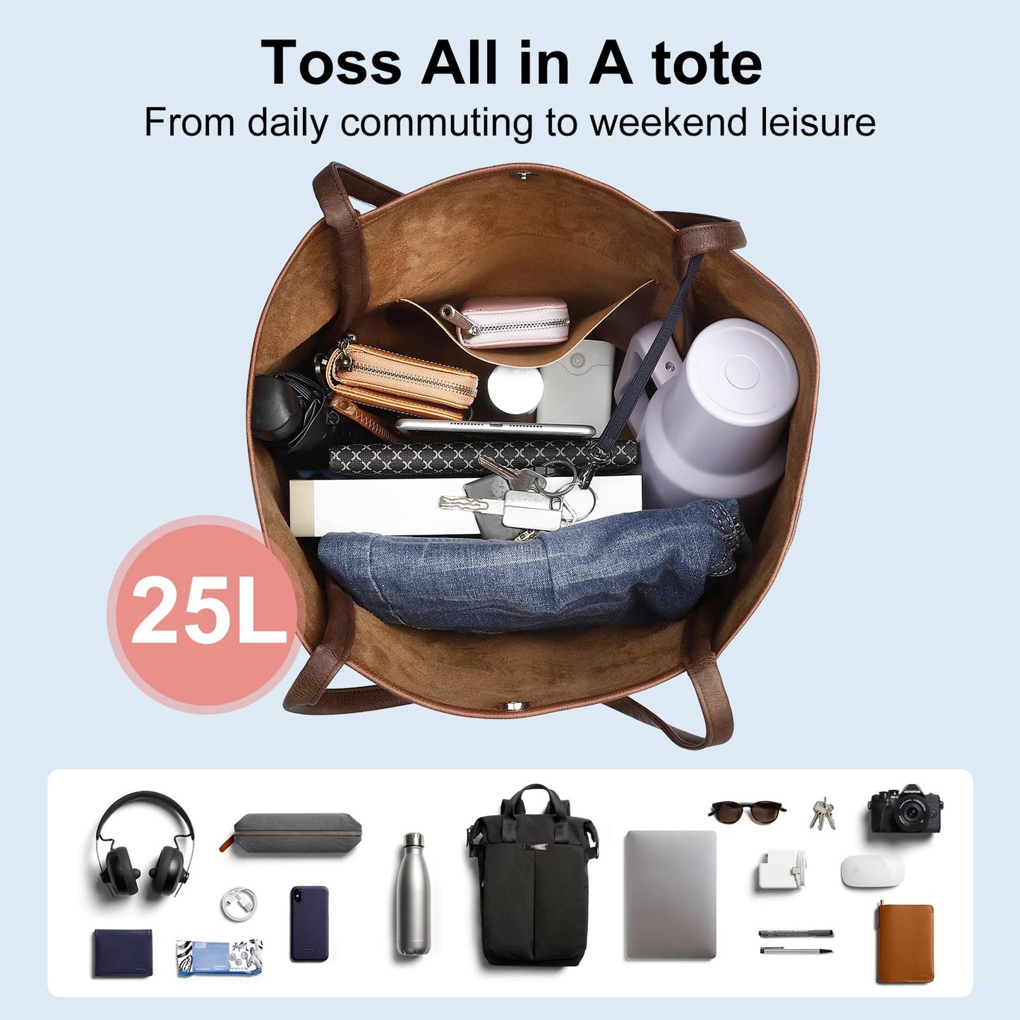 Large Tote Bag for Women Work 25L Travel Vegan Leather Ladies Handbags Weekender Purses Dark Brown