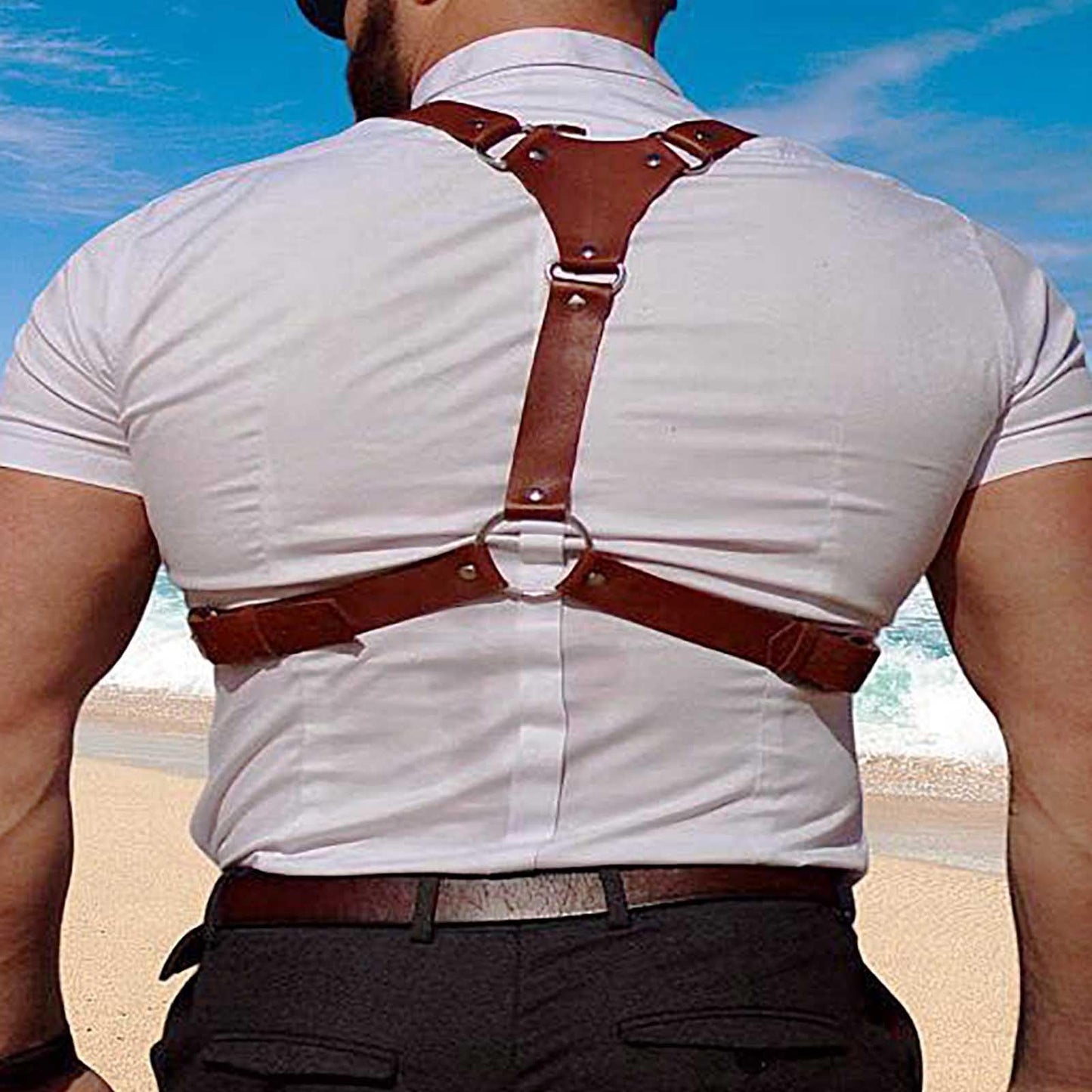 Fstrend Men's Mardi Gras Chest Harness, Brown Faux Leather Shoulder Belt Strap, Fashion Rave Outfits Body Accessory
