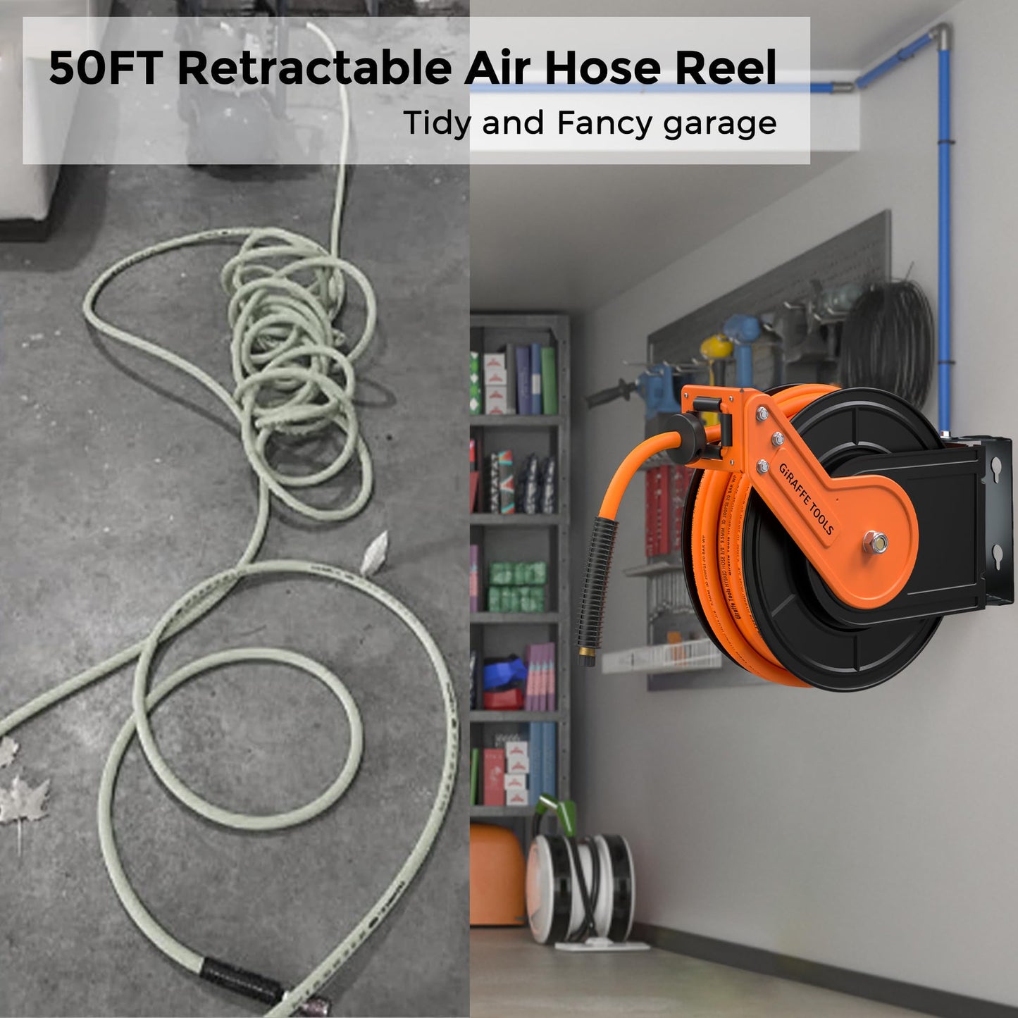 Giraffe Tools TA15BPLUS Retractable Air Hose Reel with Swivel Bracket 3/8" x 50 ft Hybrid Hose, Ceiling/Wall Mounted Heavy Duty Industrial Air Compressor Hose Reel, 300PSI, 50ft