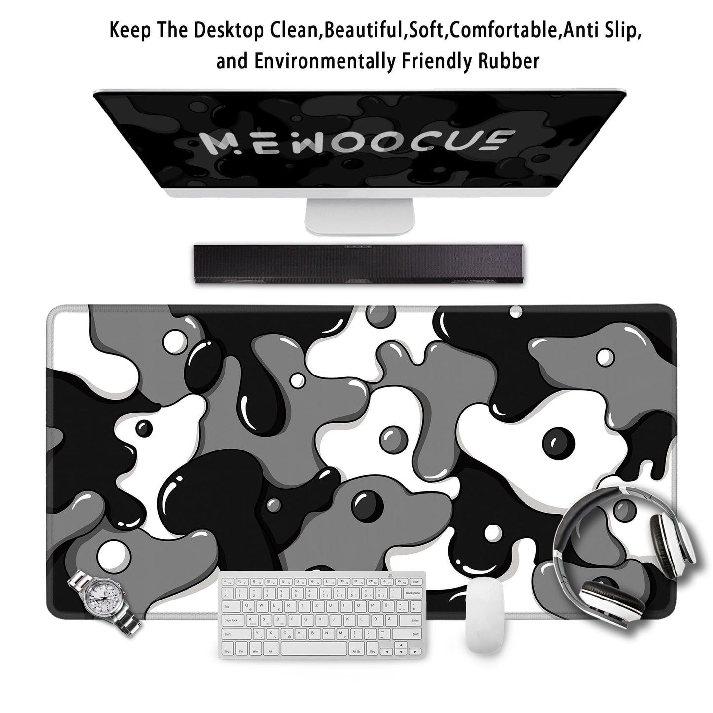 MEWOOCUE® Gaming Mouse Pad for Desk,Large Cute Black White Mousepad Laptop,Japanese Grey Anime Mouse Mat,Long XXL Waterproof Keyboard Pads,Big Non-Slip Mouse Pads for Game Office Home(31.5 x 15.7 in)