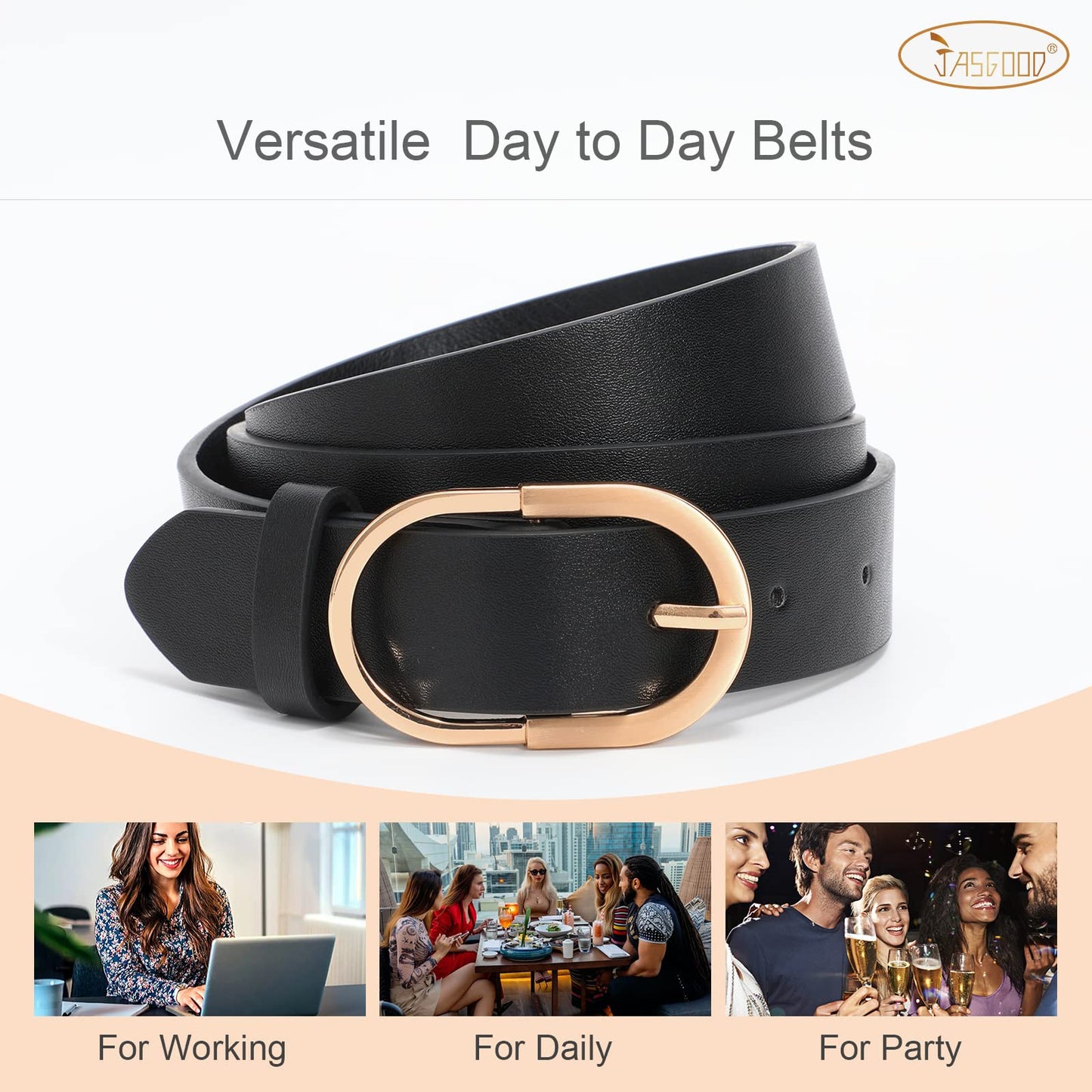 JASGOOD 3 Pack Women’s Leather Belts for Jeans Pants Fashion Ladies Belt with Gold Buckle D-Black+Brown+Beige
