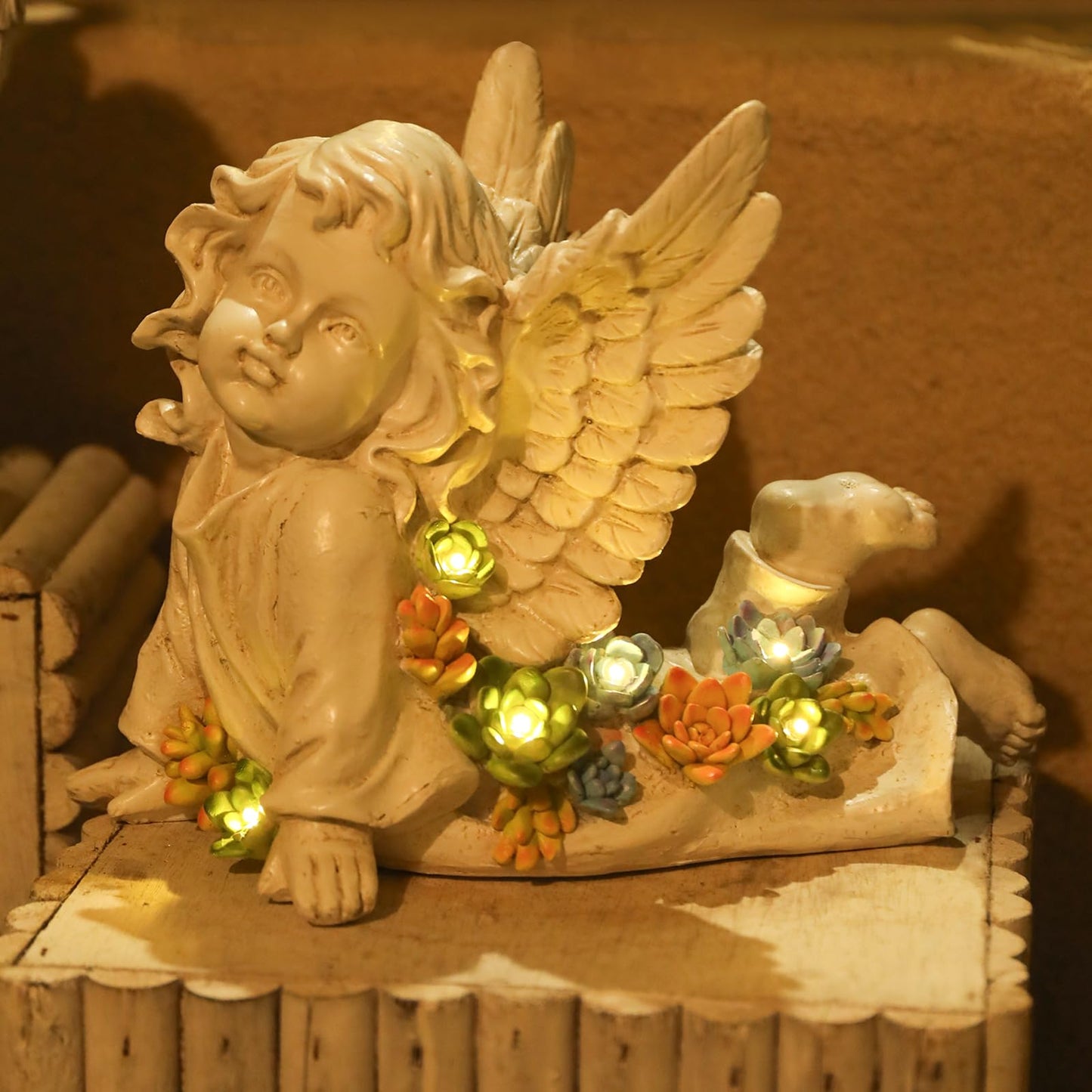 Solar Cherub Angel Outdoor Garden Decor Statues - 7 inches Baby Angel Figurines Outdoor Sculptures with Succulent, Garden Statues for Outside, Patio, Balcony, Lawn Ornaments or Housewarming Gift