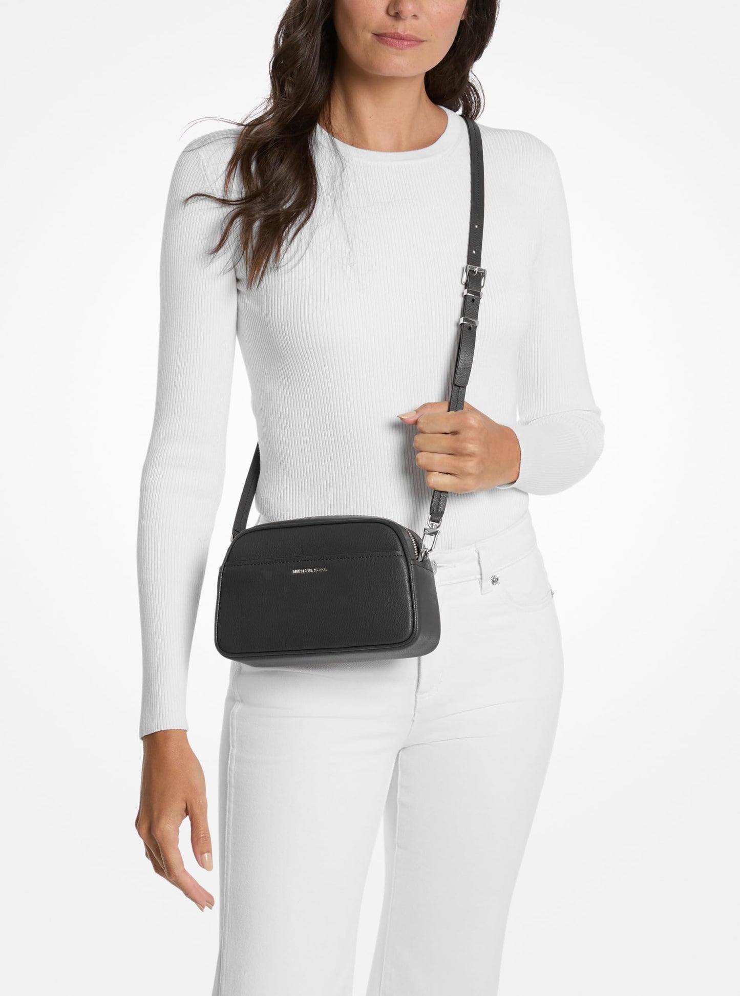 Michael Kors Jet Set Small Camera Crossbody Bag, Silver-Tone Hardware/Embossed Goat Leather/Black