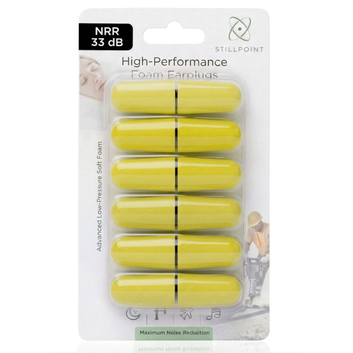 Soft Foam Earplugs, 33 dB NRR, (6 Pair 12 Ear Plugs) Maximum Protection for Sleeping; Silence Snoring, Airplanes, Airports, Power Tools, Phone Conversations, Loud Work Environments (Yellow)