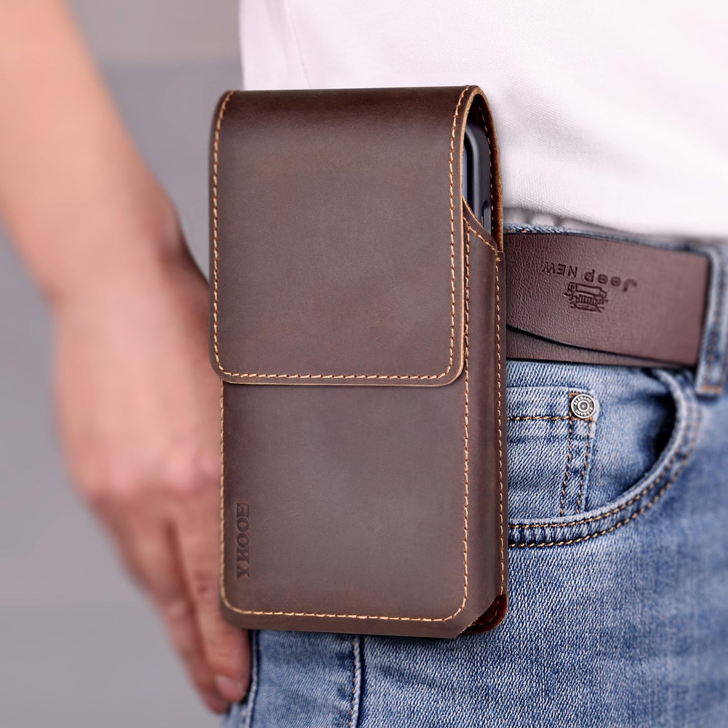 ykooe Genuine Leather Phone Holster Compatible with iPhone 16/15/14/13/12 Pro Max & Plus,17 Air Models, Galaxy S24/S23/S21 FE -Belt Clip and Magnetic Closure,Dark Brown,XL