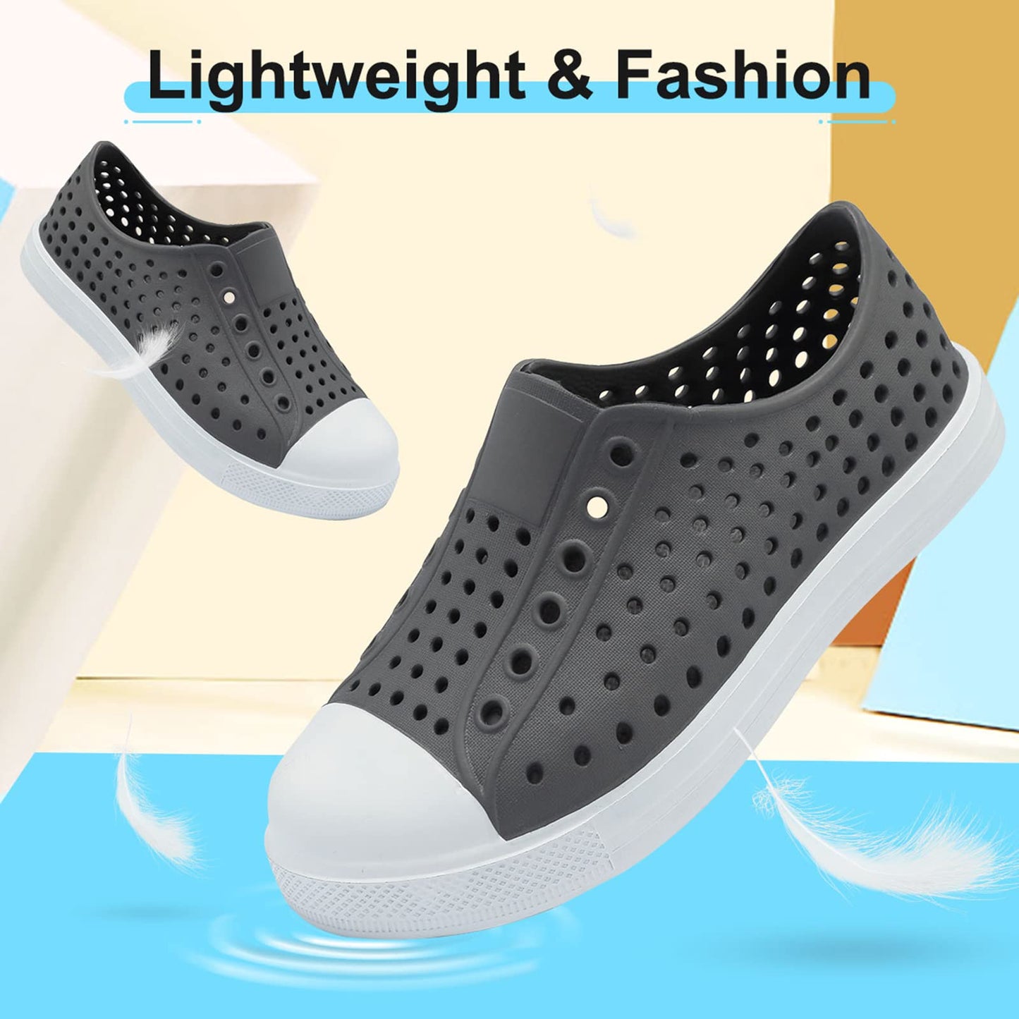 QLZ Toddler Kids Water Shoes for Boys Girls Garden Sandals Rubber Shoes Beach Sneakers, Slip-on Anti-Slip Lightweight Breathable Quick Dry Soft Flexible(Toddler/Little Kid/Big Kid) Dark Grey