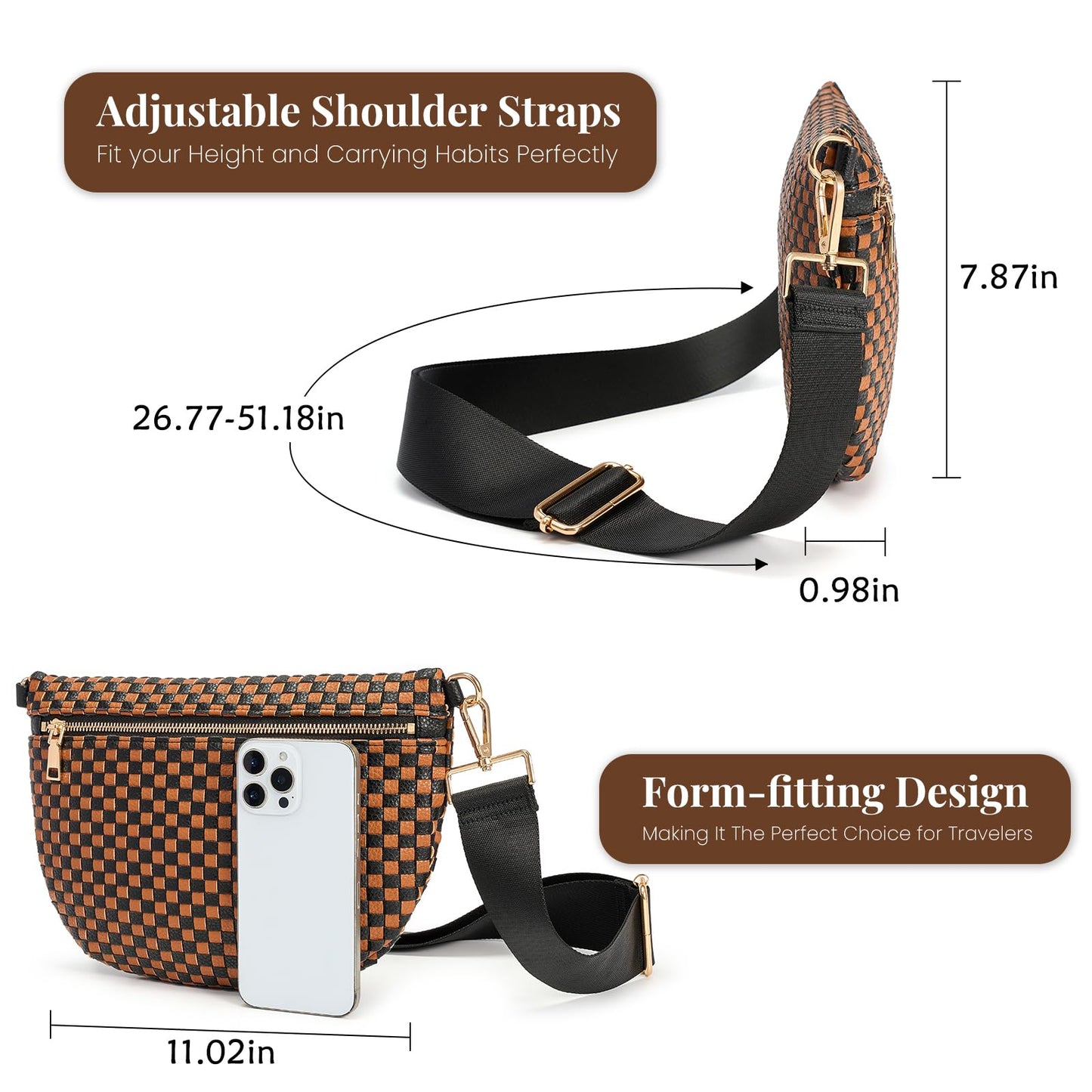 Woven Crossbody Bags For Women, Checkered Fashion PU Bum Bag Waist Pack, Travel Sling Purse with Adjustable Strap(Black and Brown)