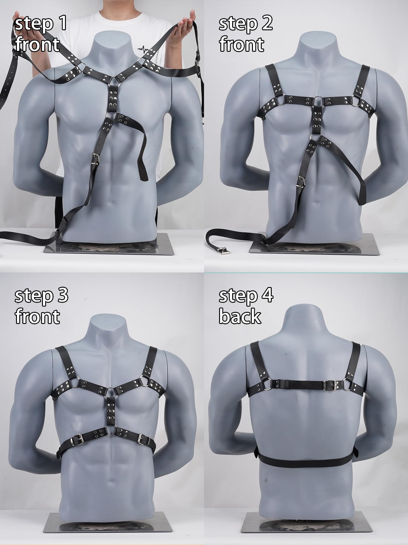 Men’s Adjustable Faux Leather Chest Harness with Metal O-Rings, Punk Rock Body Strap for Festival, Rave, Clubwear, Costume and Fashion Styling Outfits(Fit Bust 40.2-47.2in)