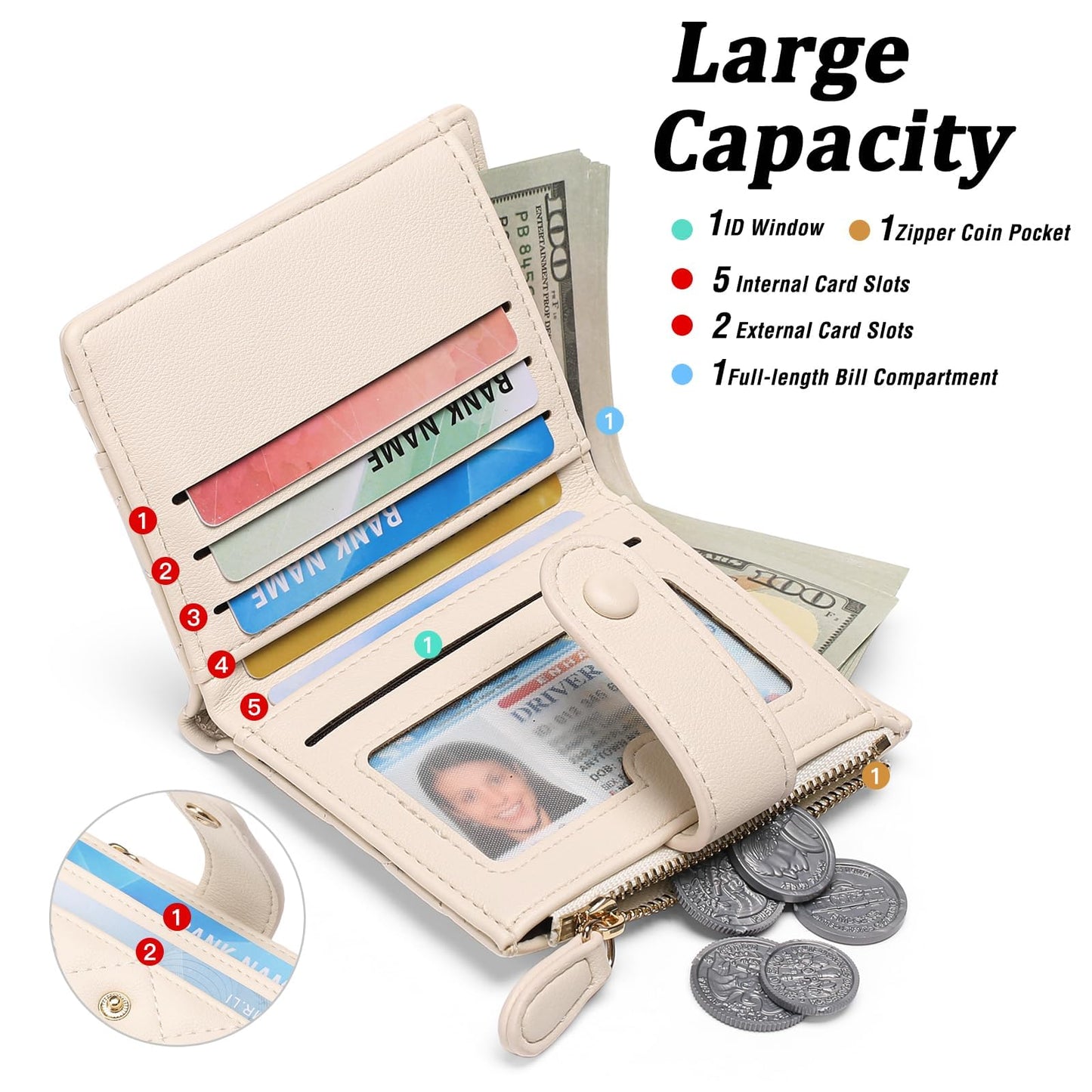 GAEKEAO Small Wallet for Women Slim Bifold Leather RFID Blocking Credit Card Holder Wallets Zipper Pocket Coin Purse with ID Window