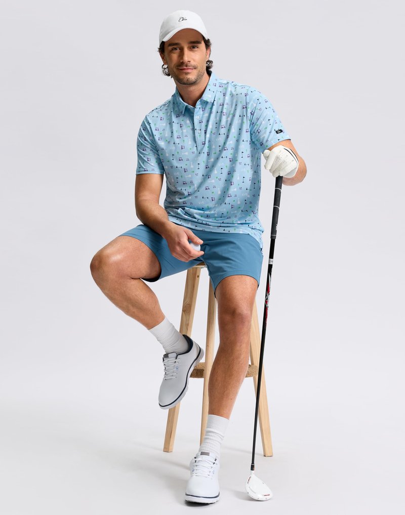 Obla Mens Golf Polo Shirts Short Sleeve Dry Fit Performance Moisture Wicking Casual Print Collared Golf Shirts for Men (Blue Golf Flag_XXL)