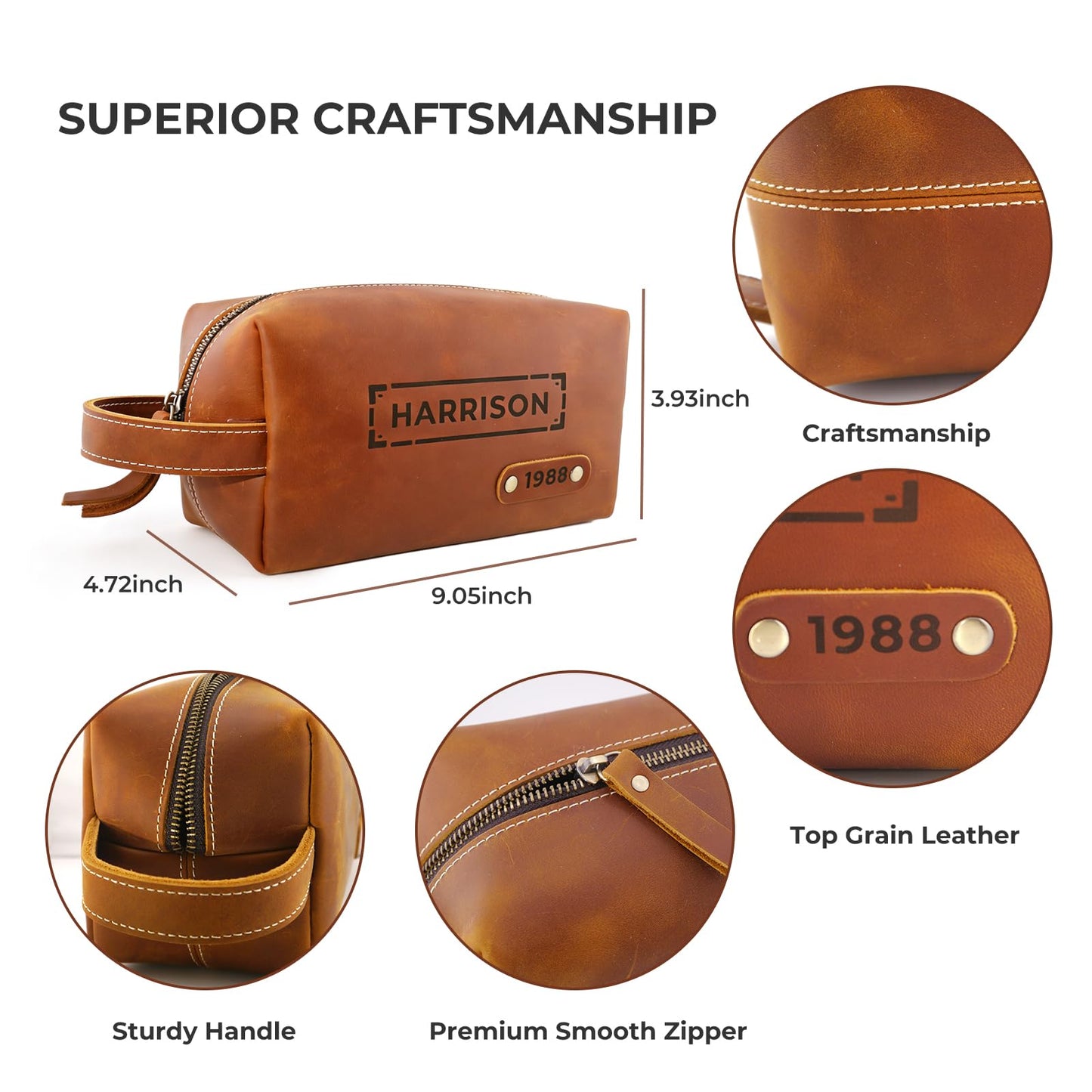 Personalized Toiletry Bag for Men – Genuine Leather Dopp Kit with Custom Engraved Name or Initials – Travel Shaving Bag Gift for Dad, Husband, Groomsmen, Boyfriend, Christmas, Birthday, Anniversary