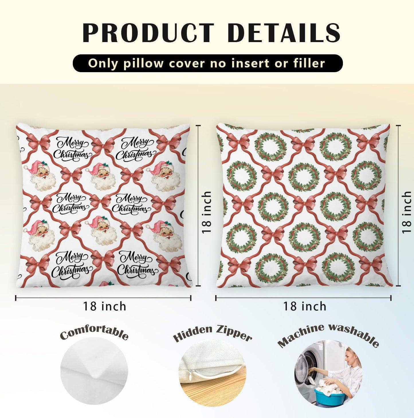 JINYO Coquette Red Bow Christmas Wreath Santa Pillow Covers 18x18, Coquette Preppy Christmas Decor, Girly Pink Santa Xmas Winter Holiday Throw Pillow Covers for Girls Room Dorm Apartment Set of 2
