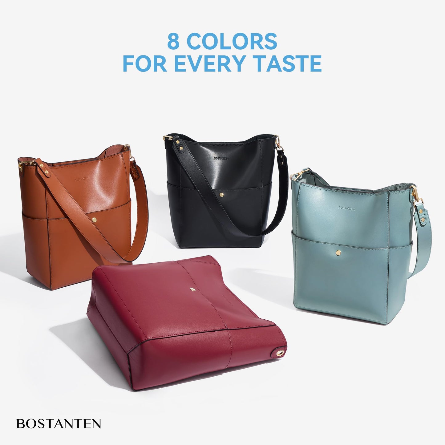 BOSTANTEN Women's Leather Designer Handbags Tote Purses Shoulder Bucket Bags with 2 Shoulder Strap, Black 9" L×5" W×12" H