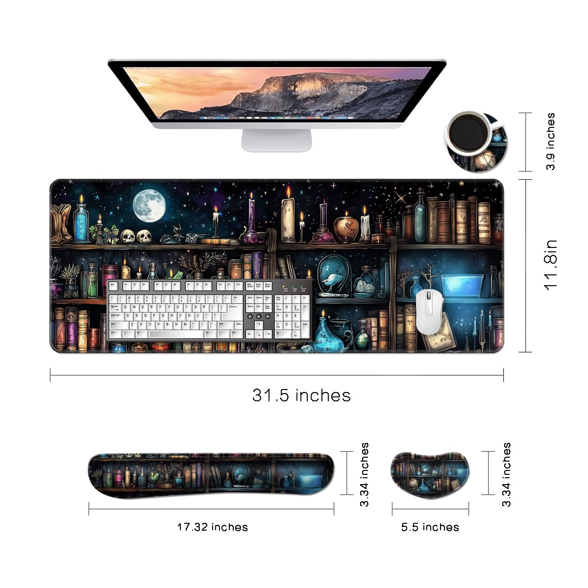 MIBITRI Keyboard Mouse Pad Set, Extended Gaming Mouse Pad+Ergonomics Keyboard Wrist Rest Support, Memory Foam, Easy Typing Pain Relief, 4Pcs XXL Ultra Thick Desk Mat, Enchanted Bookshelf