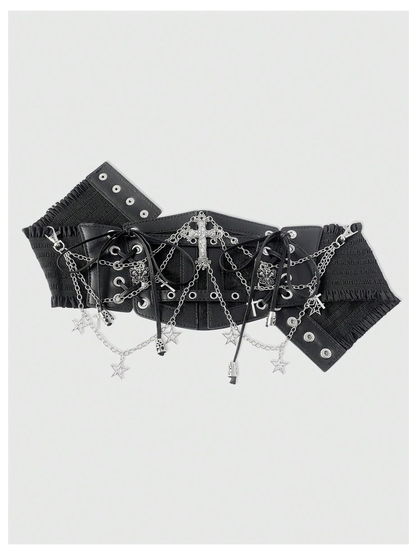 WDIRARA Women's Faux Leather Corset Belt Chain Goth Punk Cross Lace Up Side Elastic Waist Corset Black Large