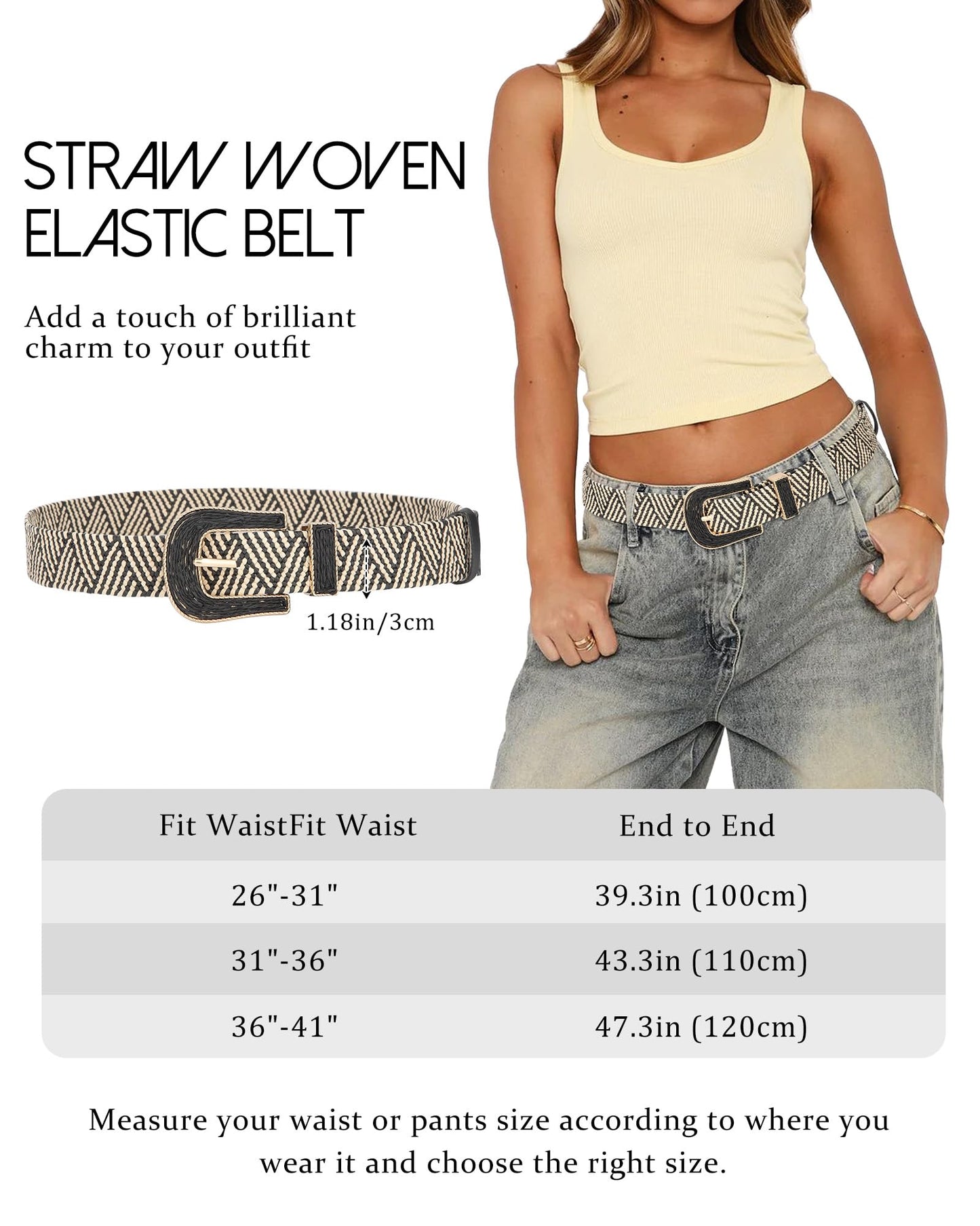 AWAYTR Womens Boho Woven Belt - Easy Care Plastic Elastic Belt with Handmade Raffia Buckle for Daily Vacation Work,Black with Beige Stripes,Fit Waist 31''-36''