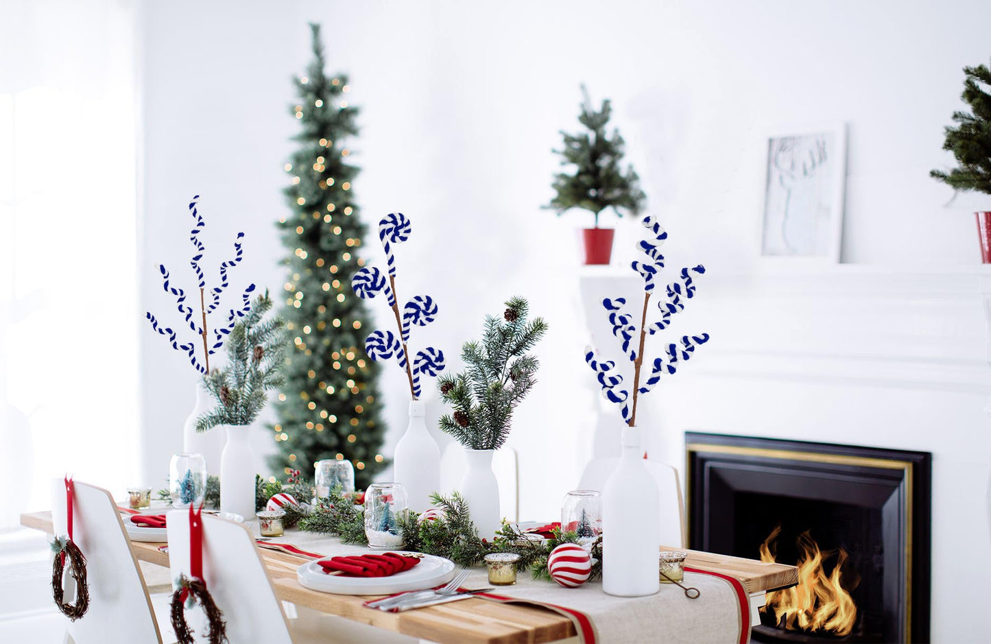 Briful 6 Pack Candy Cane Christmas Picks Spray, 17.7" Blue & White Candy Christmas Ornaments Xmas Tree Picks for Holiday Wreath Garland Vase Arrangement Decor