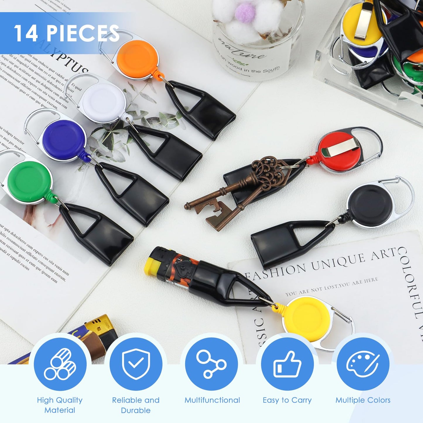 GAUENEEN 14 Pcs Retractable Lighter Clip, Lighter Holder Keychain with Clip (7 Colors)