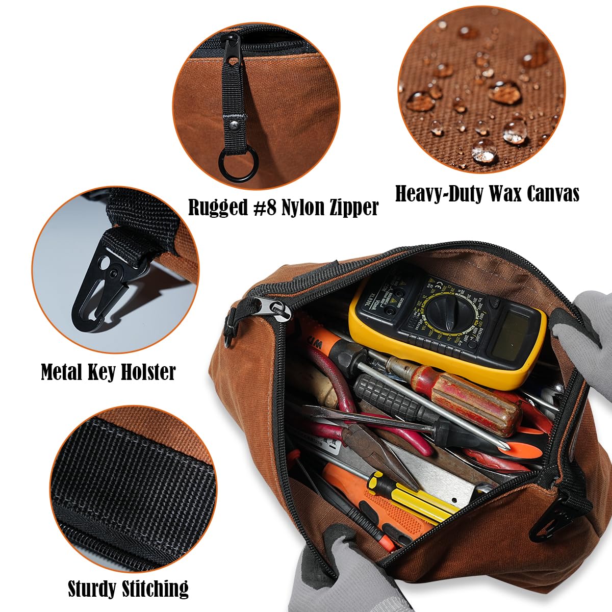 WELKINLAND 2-Pack Heavy-Duty Waxed Canvas Tool Pouches, 14-Inch Zippered Tool Organizer Pouches with Water-Resistant Coating and Durable Canvas Construction