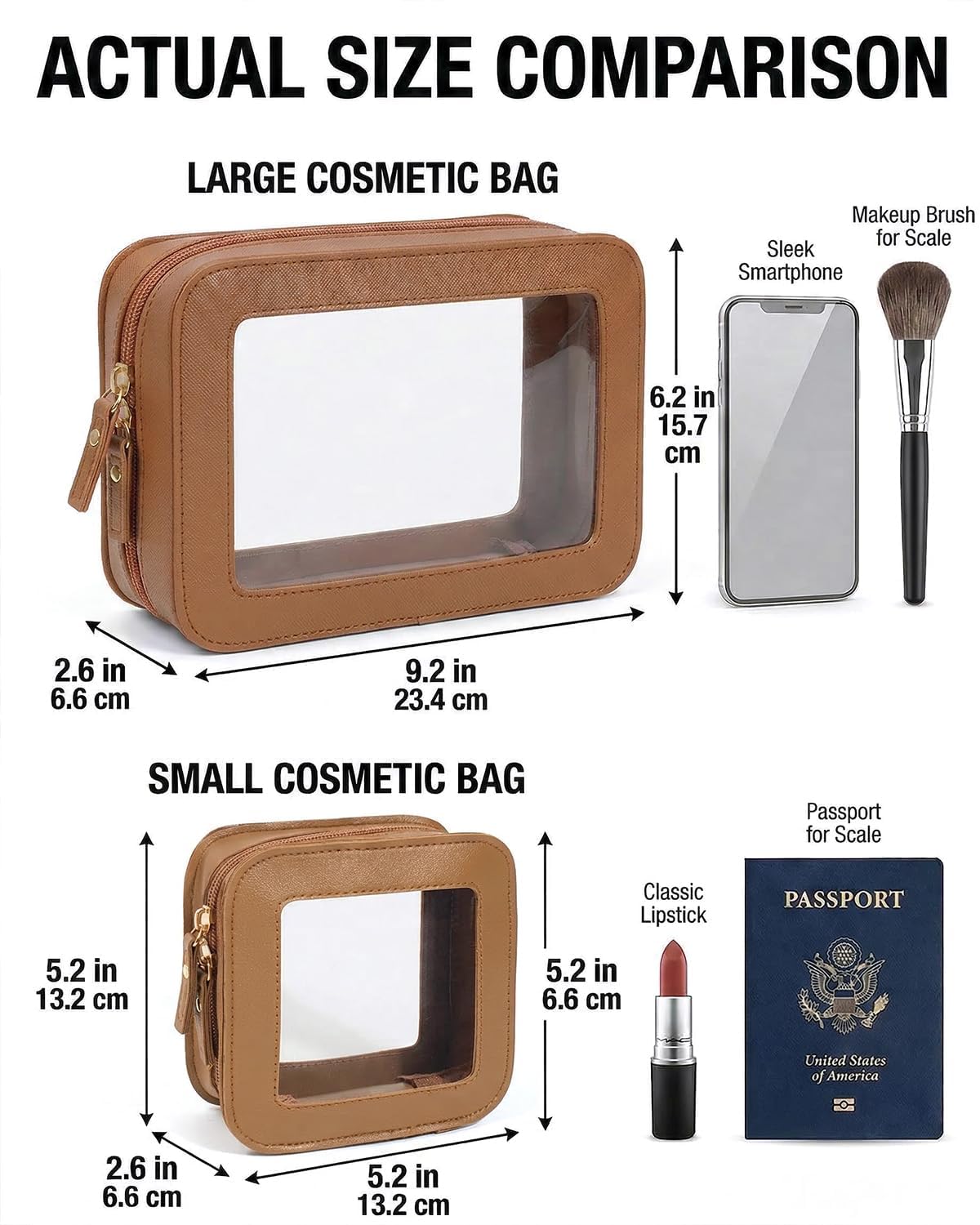 LETGO Clear Makeup Bag Organizer Set, Travel Toiletry Bag Cosmetic Case for Women, Portable Make up Skincare Pouch Car Organizer Bag with Zippers for Essentials (2Pack-Standard & Square, Brown)