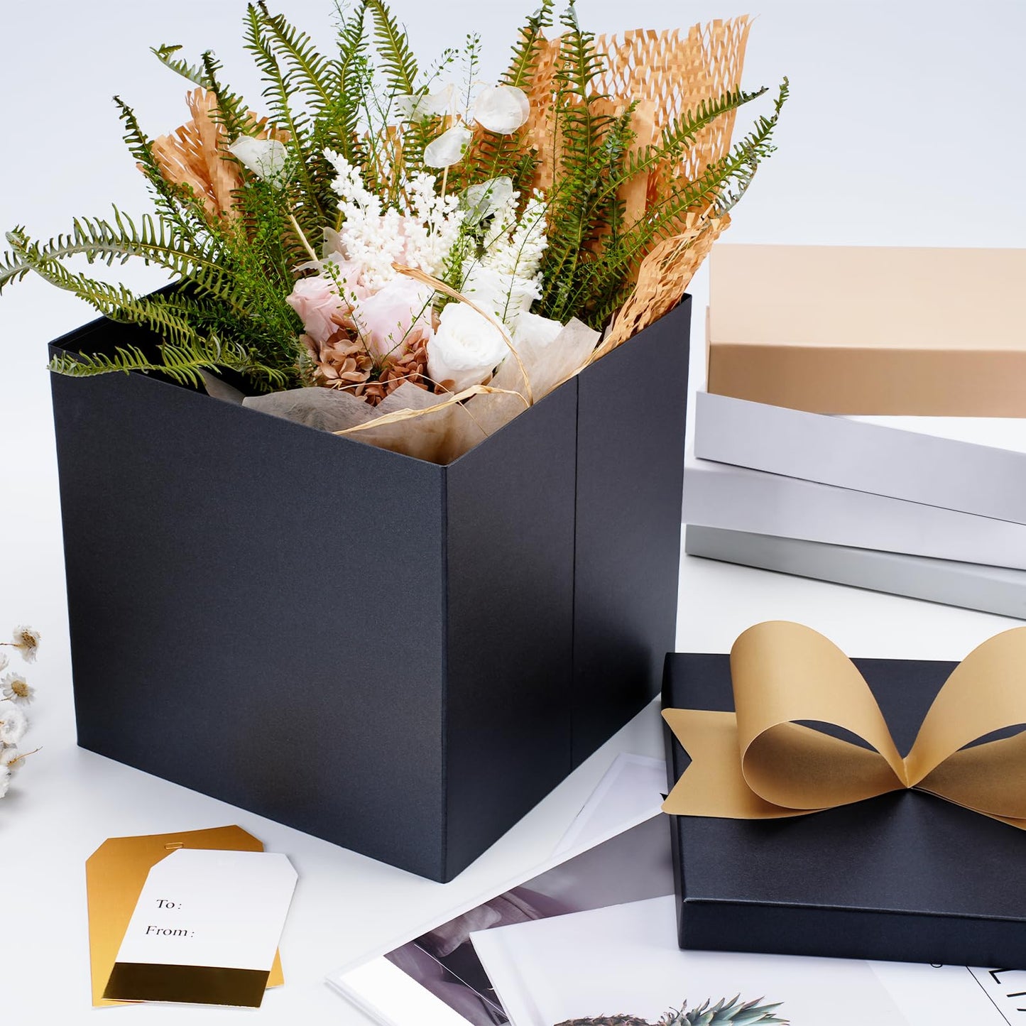 LaRibbons Large Gift Boxes with Lids, 10x10x10 Inches Black Square Foldable Gift Boxes for Birthday, Wedding, Christmas, Baby Shower, Party, All Occasion