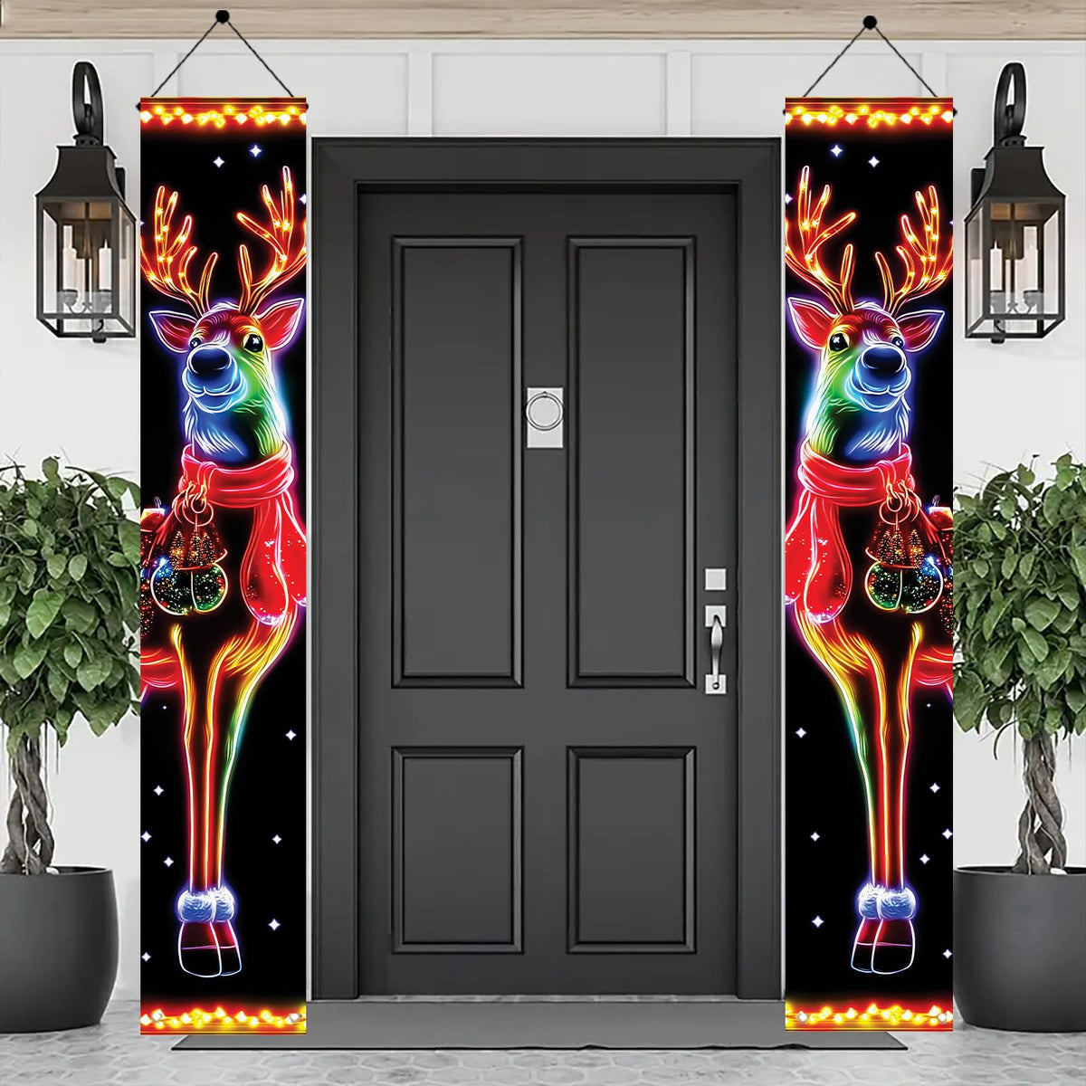 Saoplasa 2PCS Christmas Porch Banners 71 x 12 Inch Neon Reindeer Holiday Door Decorations LED Style Lighted Outdoor Hanging Signs for Xmas Party Front Entryway Yard Wall Festive Winter Welcome Display