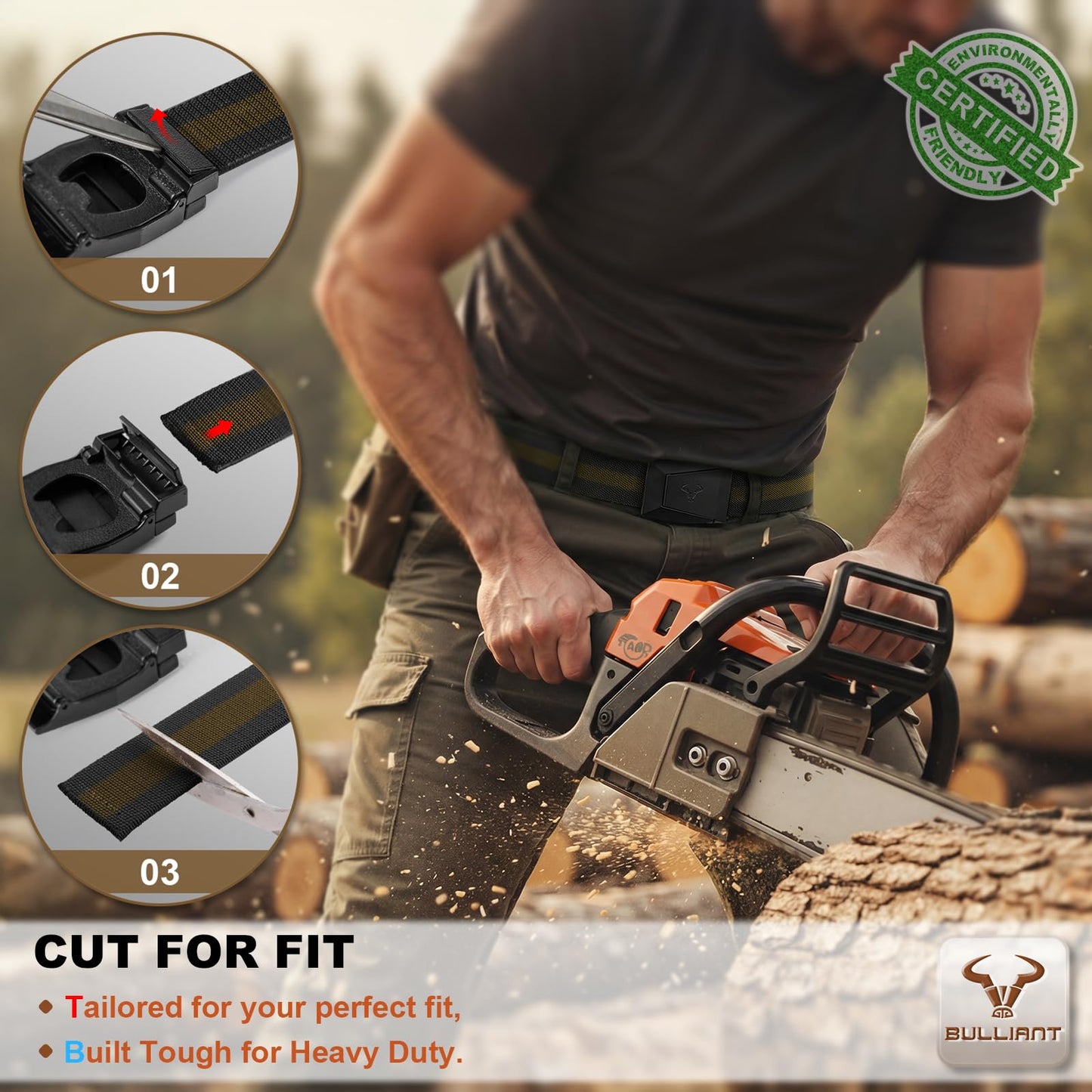 BULLIANT Men Belt-Tactical Work Rigger Web Western Belt Stretch Fit 1 1/2" For CowBoy Jean Outddor-Cut For Size(Black/Wood Thrush,28"-34" Waist Adjustable)