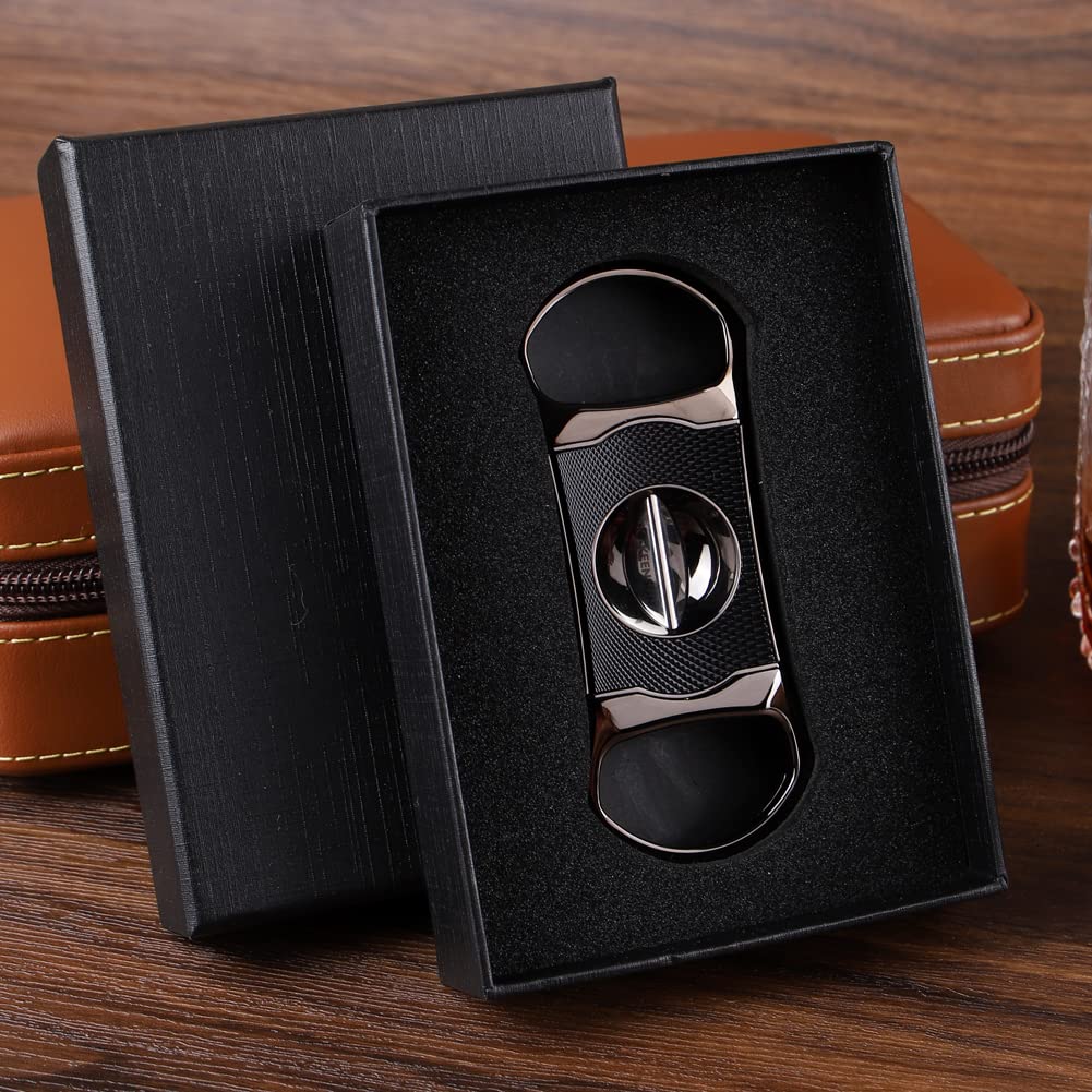 KEENSUN Zinc Alloy V-Cut Cigar Cutter (Gun Color and Black CNC Engraved Diamond Shell), 60 Ring Gauge, Stainless Steel Cut Blade with Leather Case and Gift Box