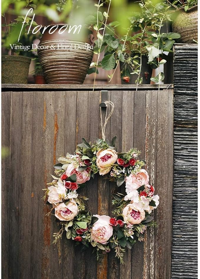Floroom Floral Wreath, Artificial Peony Wreath, 15"-16" Front Door Decorations Wall Decor