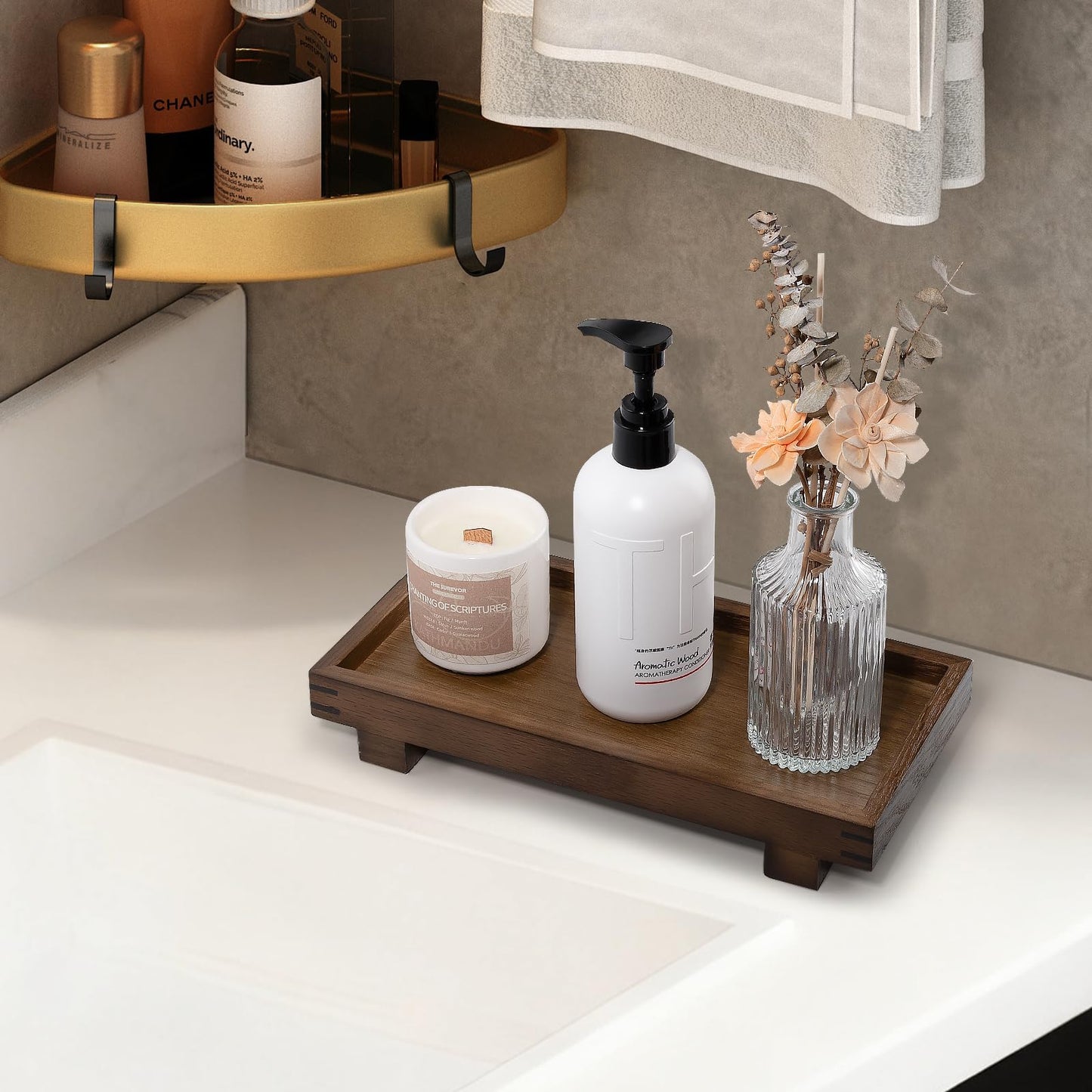 Decorative Tray Small Pedestal Stand Farmhouse Bathroom Decor Wooden Riser Display Stand for Vanity, Kitchen Countertop, Sink, 10.8 * 5.3 Walnut