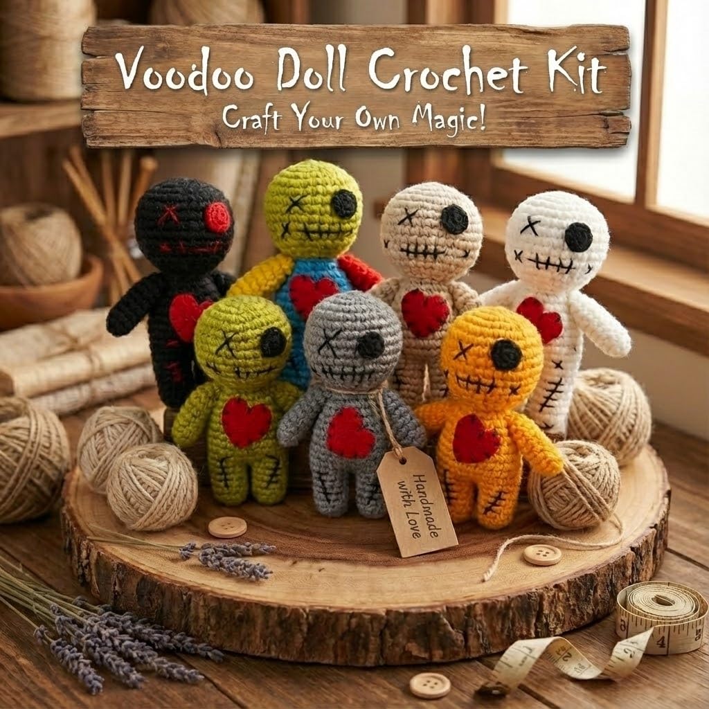 Creepy Voodoo Doll Funny Crochet Ghost Ornaments Stress Relief Fidget Toy Spooky Gothic Decor Handmade Knitted Emotional Support Plush for Halloween Christmas Prank Gag Gift (Black)