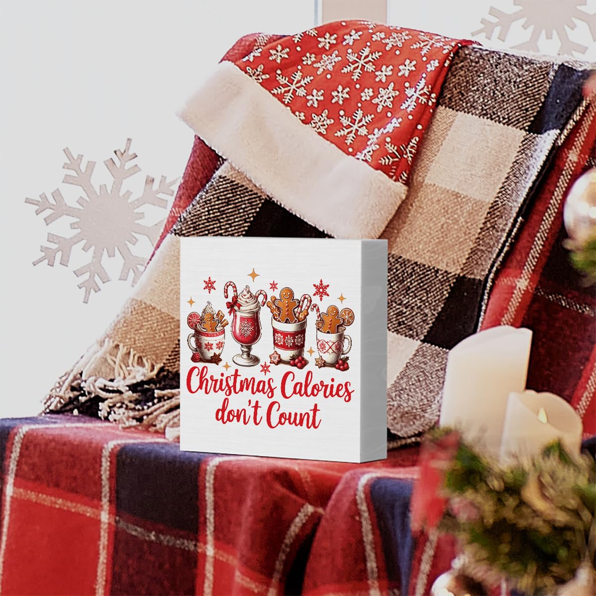 Christmas Kitchen Decorations, Hot Cocoa Sign Gingerbread Home Decor for Table Shelf, Christmas Calories Don't Count Sign 5 x 5 inch