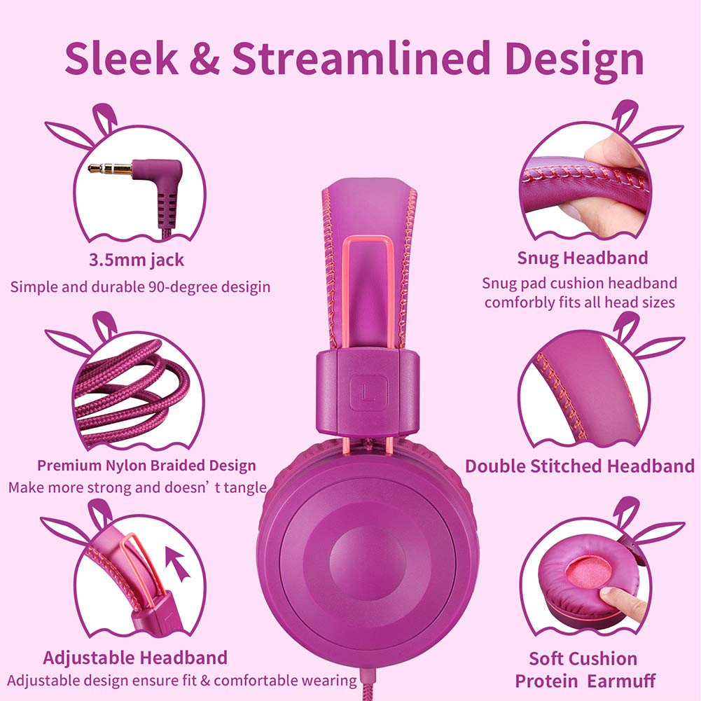 POWMEE M1 Kids Headphones Wired Headphone for Kids,Foldable Adjustable Stereo Tangle-Free,3.5MM Jack Wire Cord On-Ear Headphone for Children (Purple)