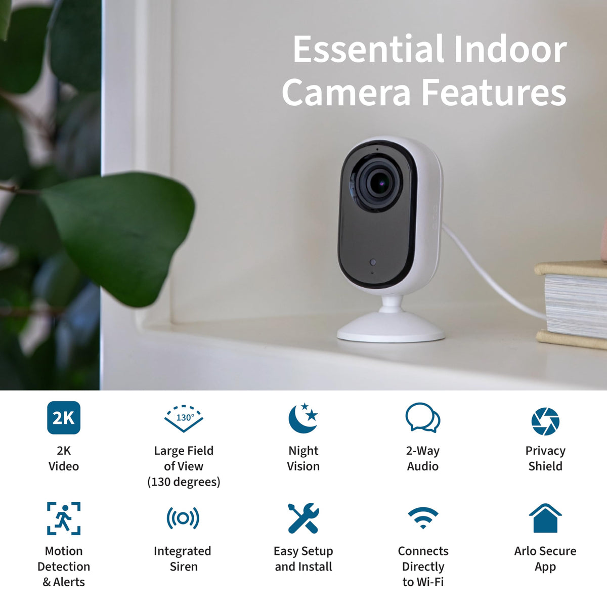 Arlo Essential Security Camera 2K | Indoor Only| 2nd Gen | Baby Monitor & Pet Camera | Wired Automated Privacy Shield, 2-Way Audio, Night Vision, Live Stream, Motion Alerts & Notifications White,1 Cam