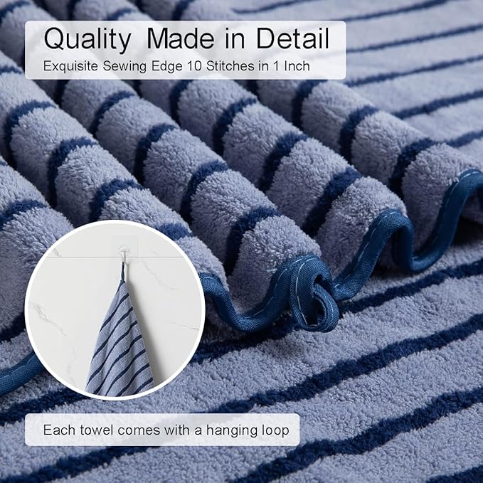 8 Pcs Navy Cabana Stripe Large Bath Towel Set Oversized Bath Sheet 2 Bathroom
