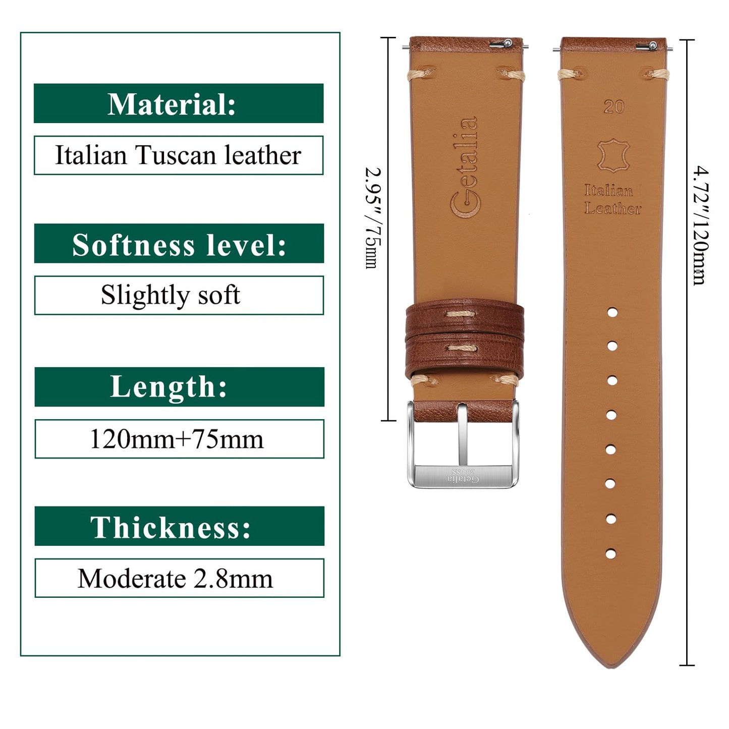 Getalia Italian leather Watch Band Tuscany Natural Vegetable-Tanned Top Grain Genuine Leather, Quick Release Replacement Watch Straps for Men and Women (width:21mm light Brown)