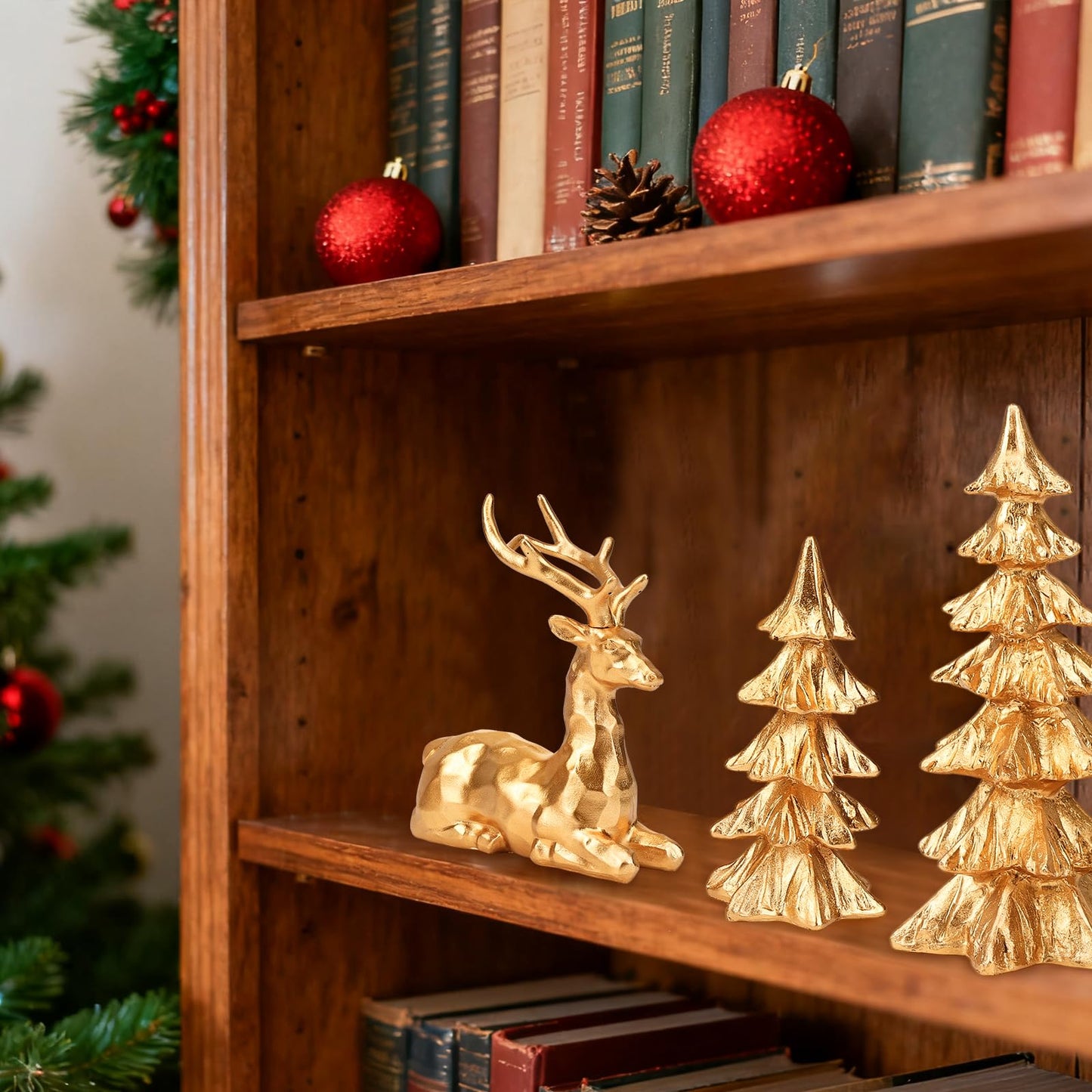 2 Pcs Christmas Tree Figurines and 2 Pcs Christmas Reindeer Figurines, Gold Tabletop Christmas Decorations Resin Christmas Tree and Elk Statues for Table Centerpieces Desk Shelf Fireplace Decor