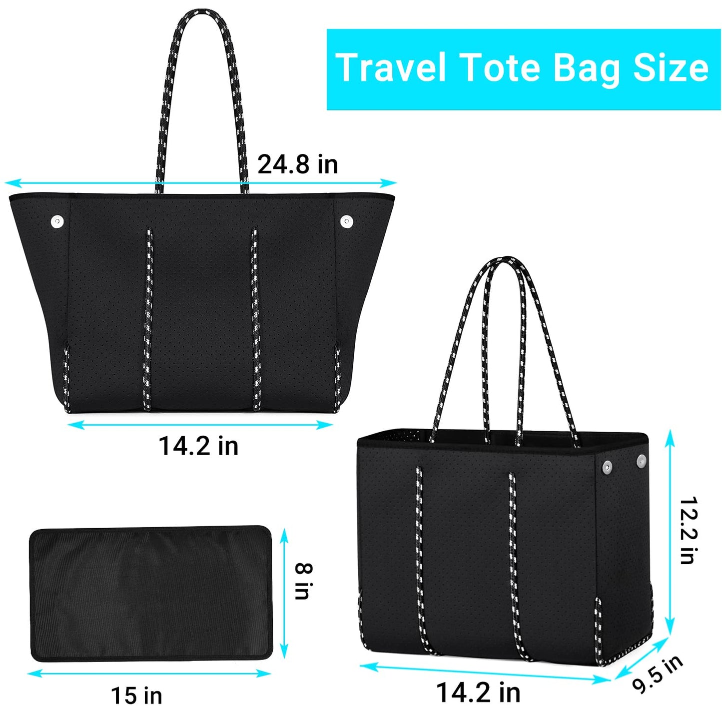 IBFUN Neoprene Bag, Large Multipurpose Beach Bag Upgraded Neoprene Tote Bag with Inner Zipper Pocket for Women/Beach/Pool(Black)