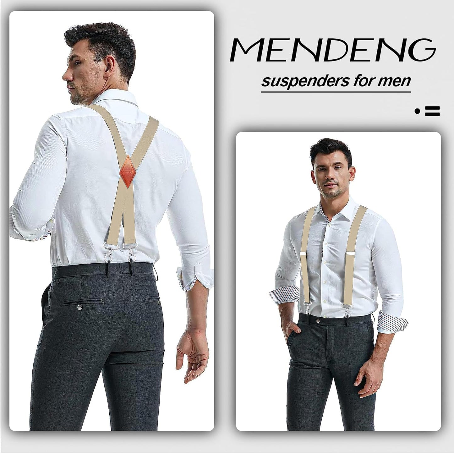 MENDENG Suspenders for Men with 4 Snap Hooks Adjustable Braces Groomsmen Beige