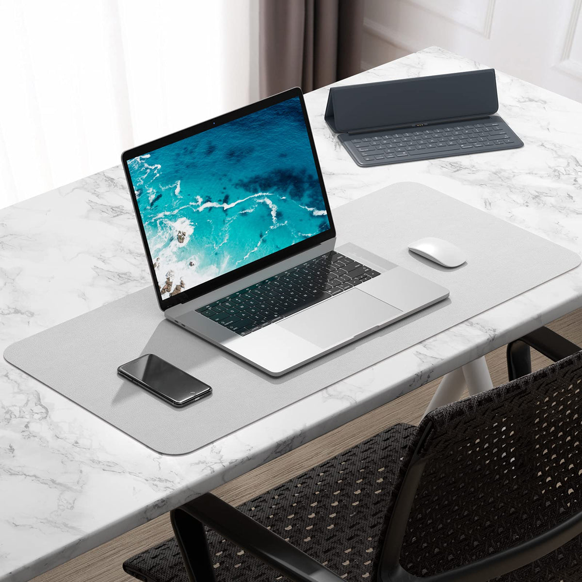 Hsurbtra Desk Pad, 30" x 14" PU Leather Desk Mat, XL Extended Mouse Pad, Waterproof Desk Blotter Protector, Ultra Thin Large Laptop Keyboard Mat, Non-Slip Desk Writing Pad for Office Home, Gray