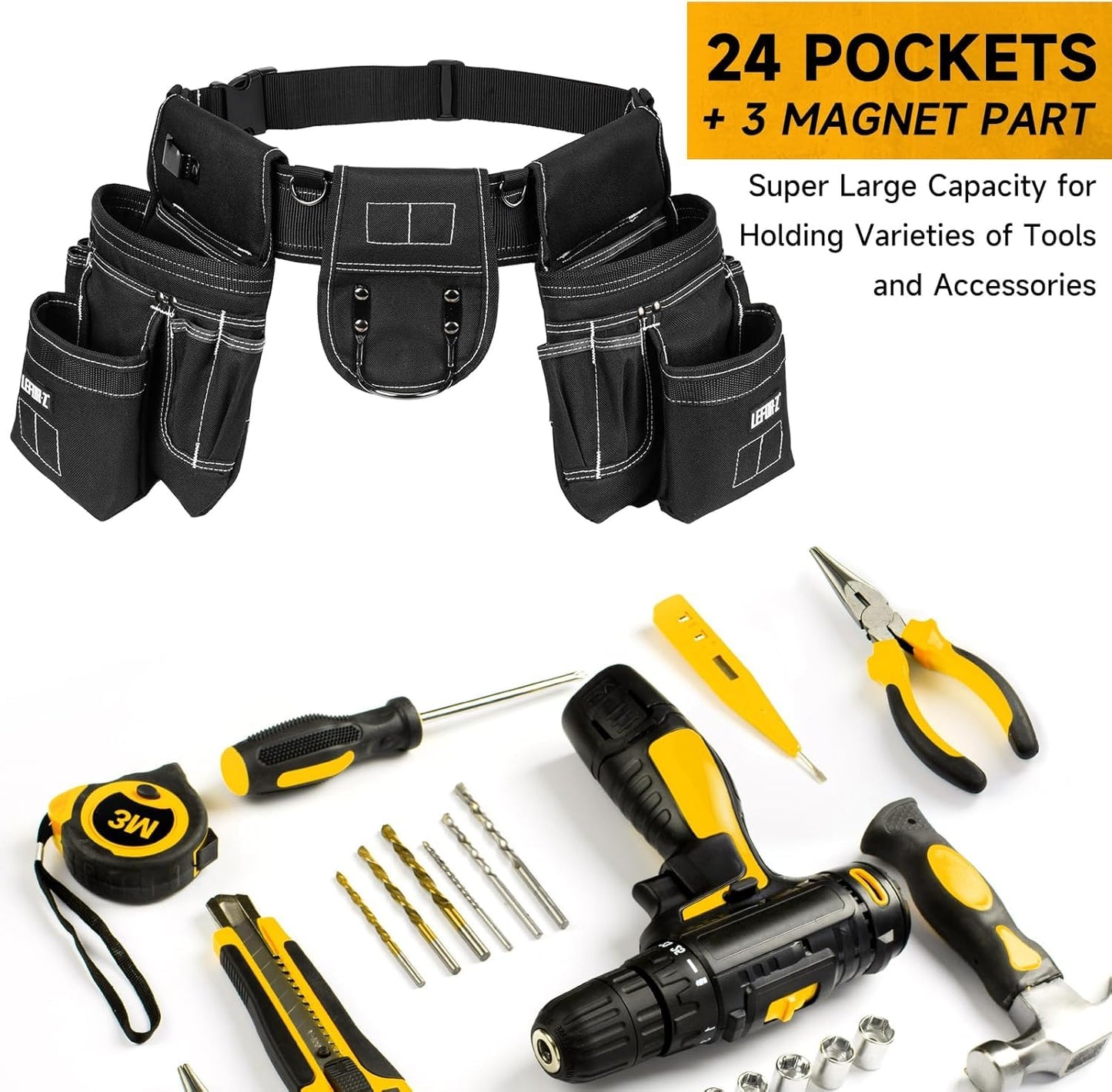 Tool Belt with Suspenders,27-Pockets Heavy Duty Tool Belts for Men with Magnetic Tool Pouch,Detachable & Adjustable Work Belt Bag for Electrician,Carpenter,Construction,Utility Toolbelt,Black