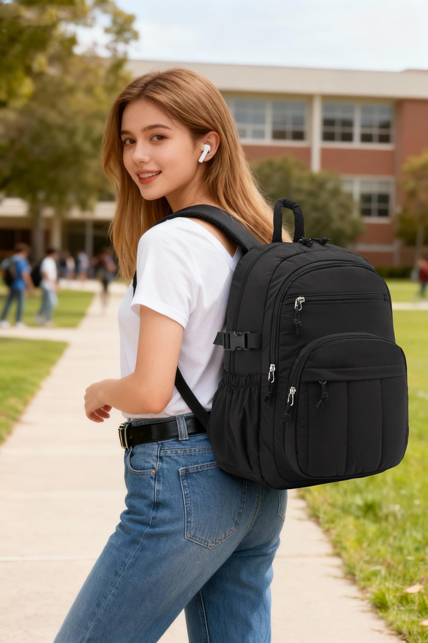 CLOKARS Backpack for Women, Quilted Laptop Bookbag with Pouch Pockets for College Work Travel Gym Teacher Nurses, Puffer High School Backpack for Girls, Black