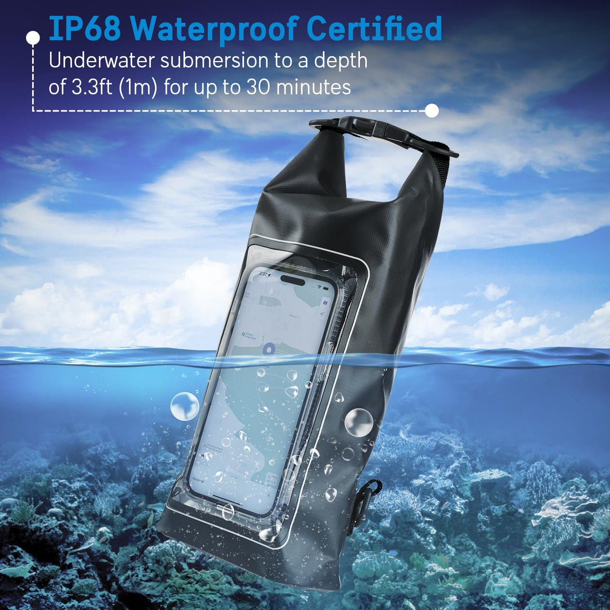 Pelican Marine IP68 Waterproof Dry Bag 2L - Roll Top Waterproof Backpack w/ Phone Case / Pouch - Boating & Kayak Accessories - Essentials for Camping Swimming Beach Fishing Rafting Travel - Black