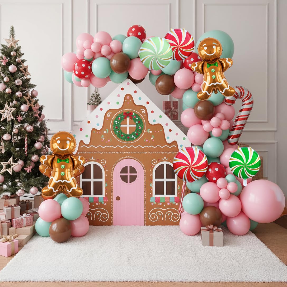 Christmas Balloon Garland Arch Kit 126Pcs Large Gingerbread Man Cane Foil Red Green Lollipop Candy & Mint Pink Cocoa Balloons for Xmas New Year Party Decorations