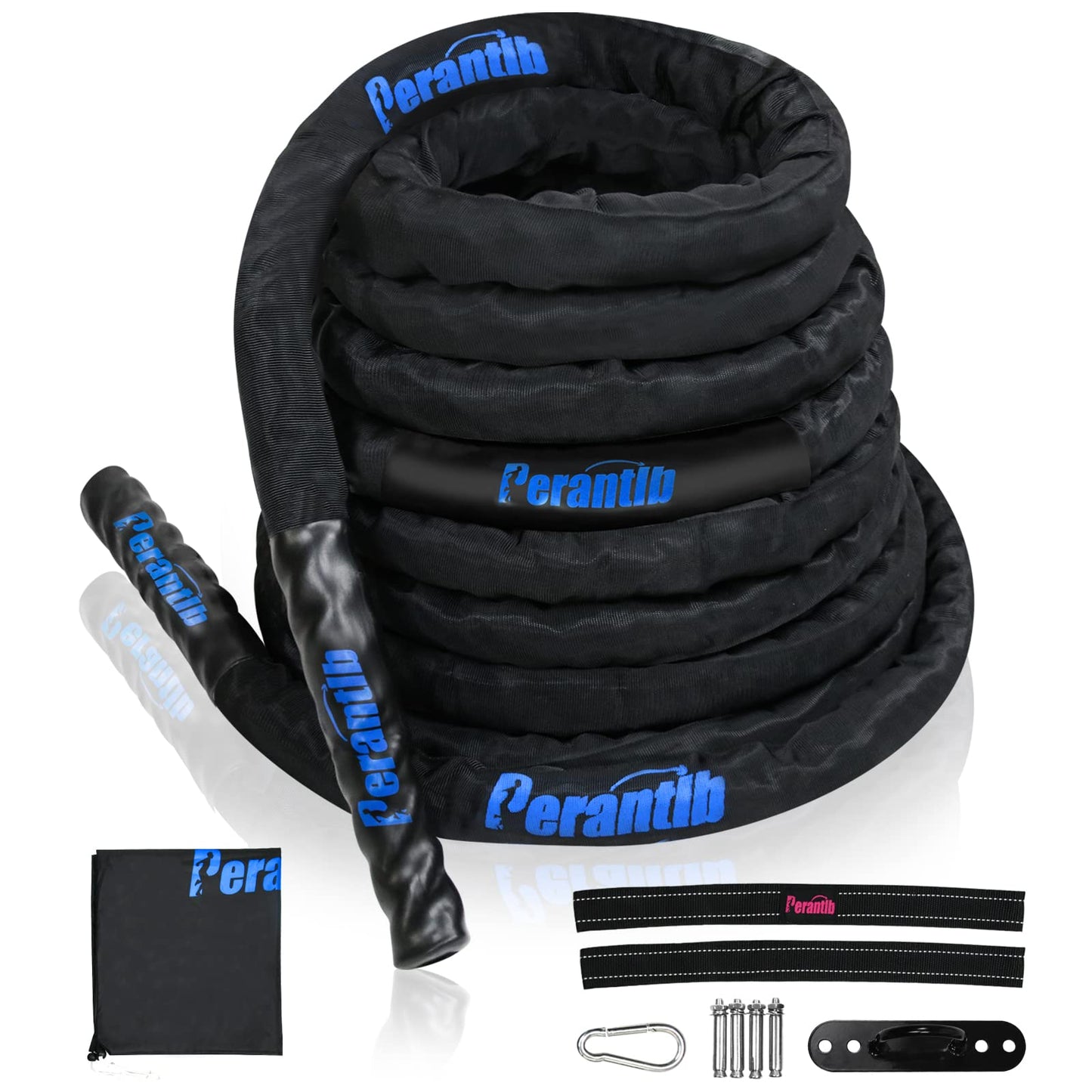 Perantlb Battle Rope with wear-Resistant Nylon Protective Sleeve ,Heavy Battle Rope for Strength Training Home Fitness Exercise Rope, Anchor Strap Kit Included (2" x 50 ft Length)