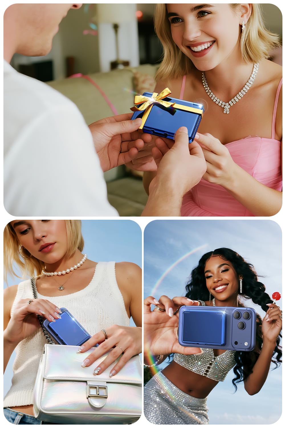 Meifigno Strong Magnetic Phone Wallet with Mirror & Kickstand, Magnetic Phone Card Holder (3-4 Cards & Cash) Compatible with iPhone 17/16/15/14/13/12 Series, Metal Plating Glossy, Deep Blue