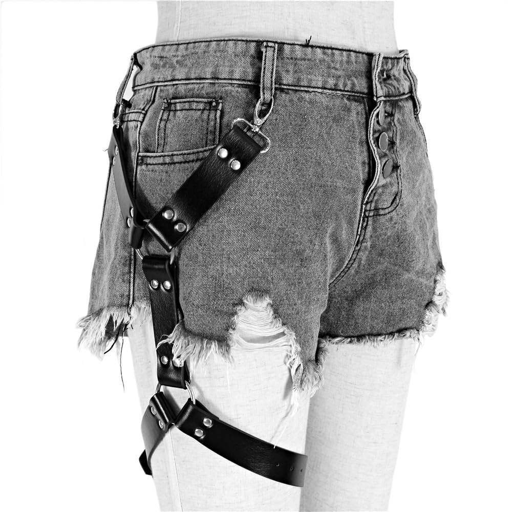 BAQOEYII Black Leather Thigh Leg Garters Belt, Punk Harness Body Chain Cage Gothic Belt for Men or Women