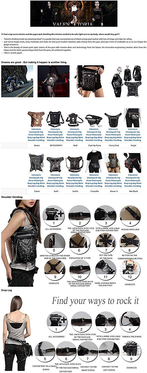 Steampunk Waist Bag Fanny Pack Thigh Holster Purse Gothic Leather Shoulder Crossbody Hiking Chain Messenger Bag